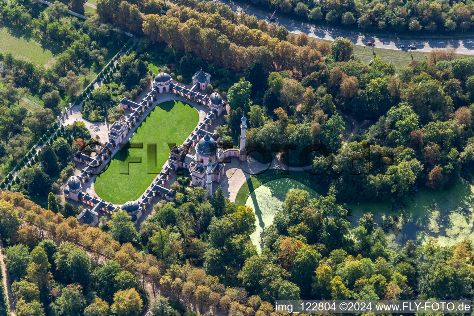 Aerial photograpy of Building of the mosque in the castle park of Schwetzingen in the state Baden-Wurttemberg, Germany