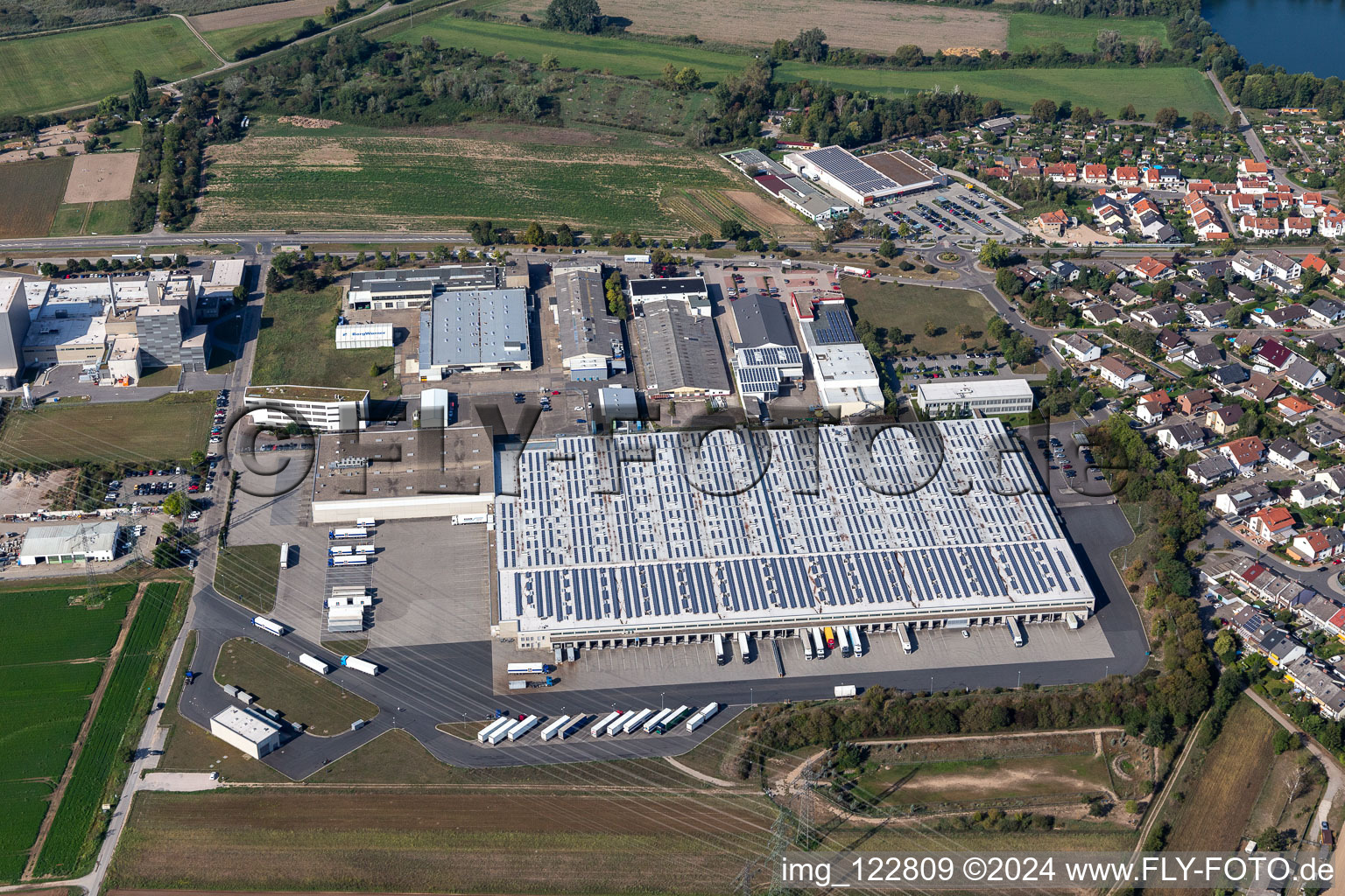 Aerial view of Building complex and grounds of the logistics center Aldi Sued in Ketsch in the state Baden-Wurttemberg, Germany