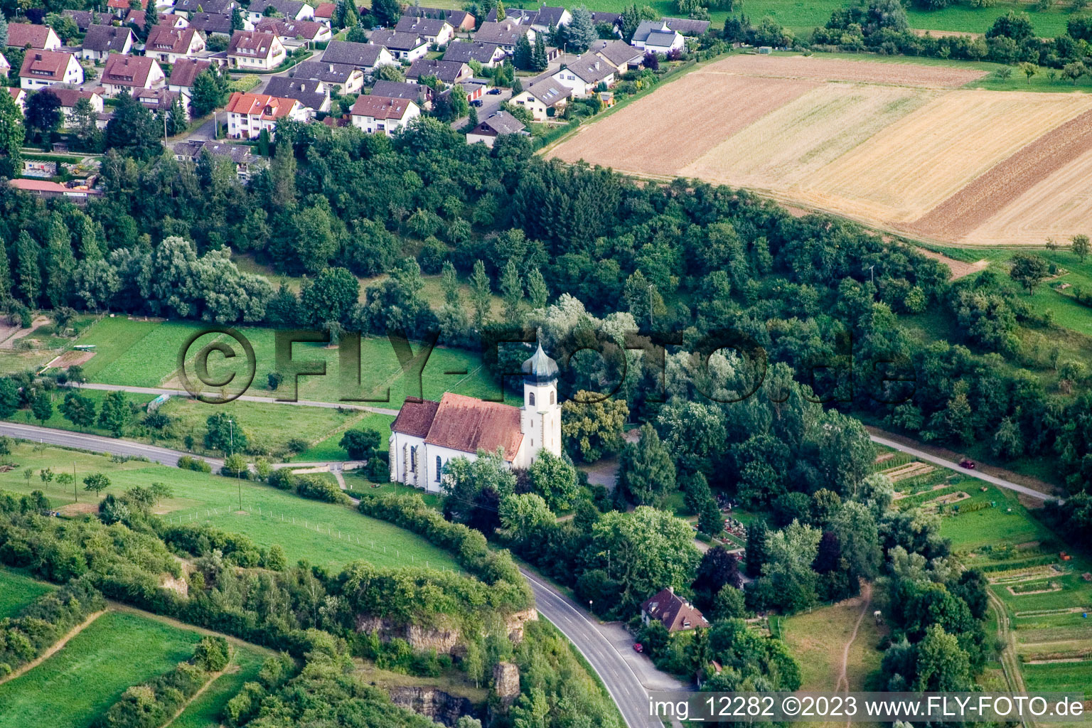 Aerial view of Churches building the chapel of Poltringen in Ammerbuch in the state Baden-Wurttemberg