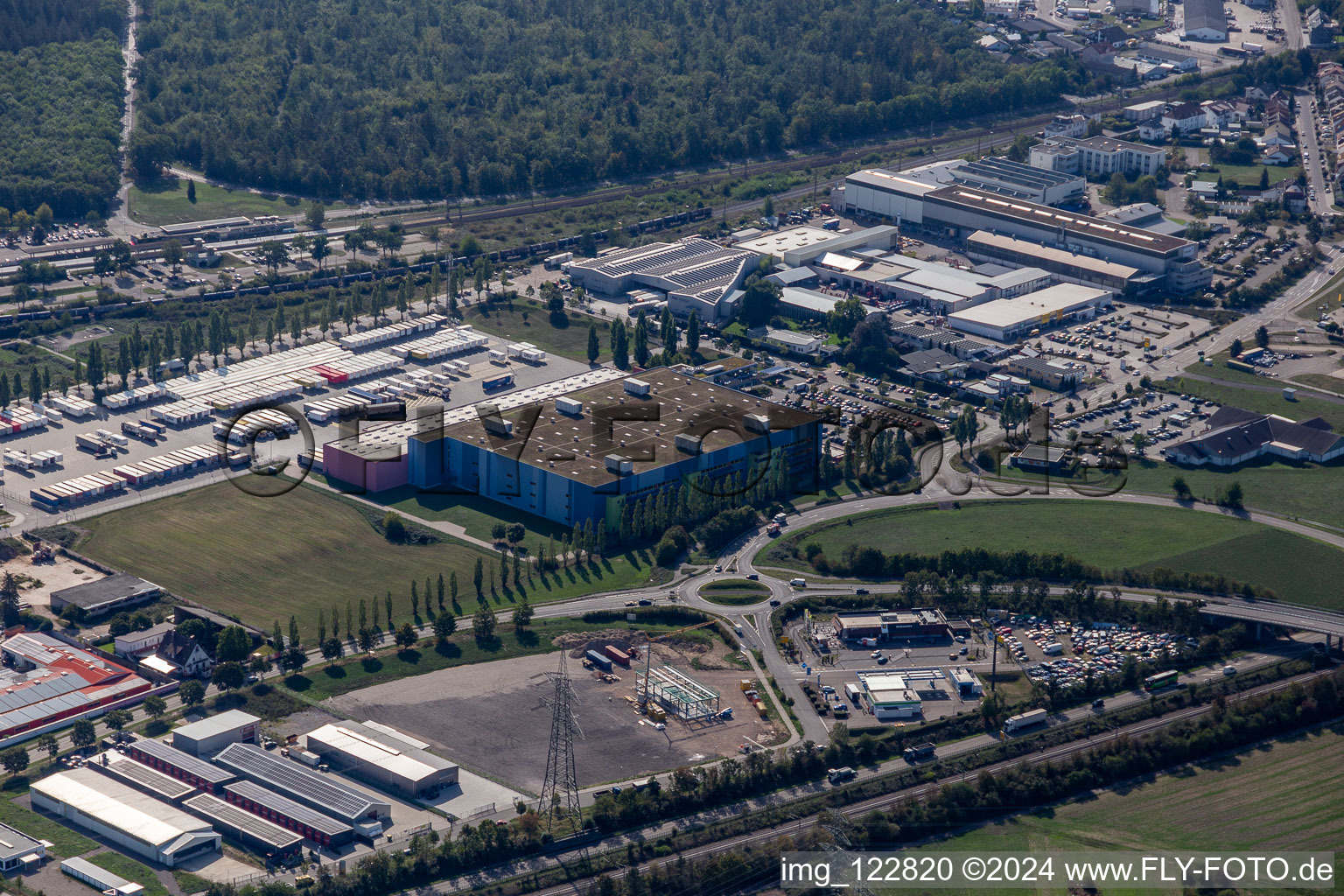 Building complex and grounds of the logistics center dm-drogerie markt GmbH + Co. KG Verteilzentrum Waghaeusel in Waghaeusel in the state Baden-Wuerttemberg, Germany