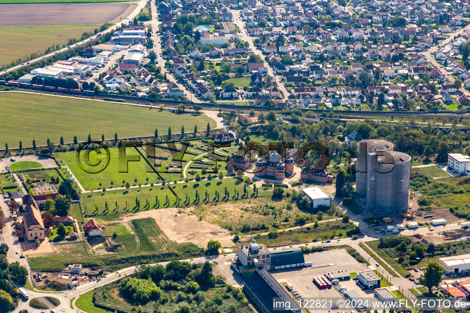 Aerial view of Hermitage in Waghäusel in the state Baden-Wuerttemberg, Germany