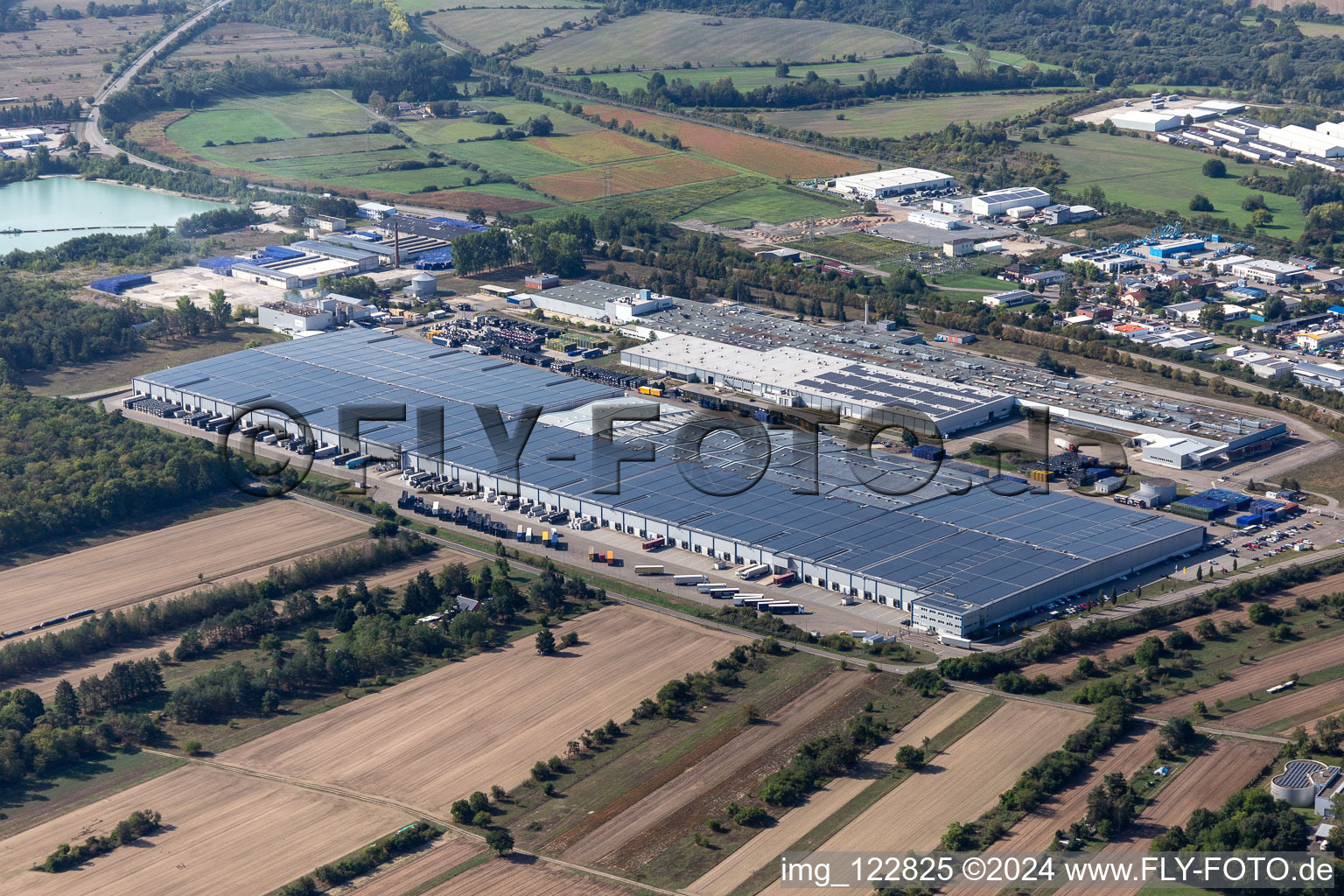 Building and production halls on the premises of Goodyear Dunlop Tires Germany on Goodyearstrasse in Philippsburg in the state Baden-Wuerttemberg, Germany