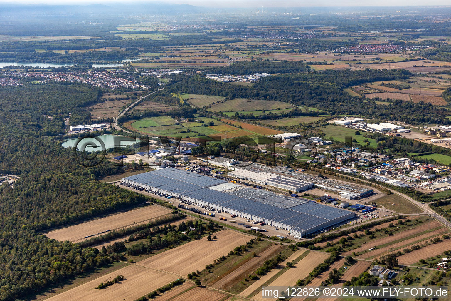 Aerial view of Building and production halls on the premises of Goodyear Dunlop Tires Germany on Goodyearstrasse in Philippsburg in the state Baden-Wuerttemberg, Germany