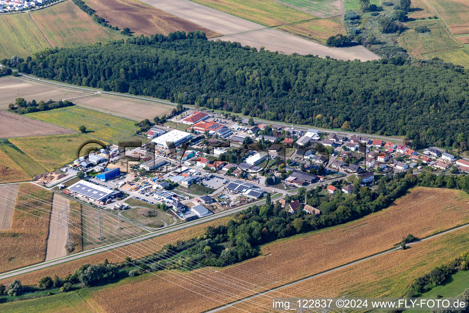 Krautstückerweg commercial area from the east in the district Rußheim in Dettenheim in the state Baden-Wuerttemberg, Germany