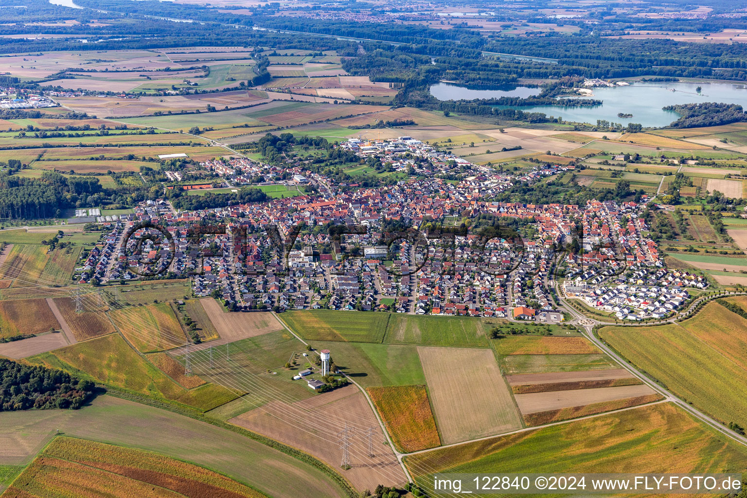 Town View of the streets and houses of the residential areas in Dettenheim in the state Baden-Wuerttemberg, Germany