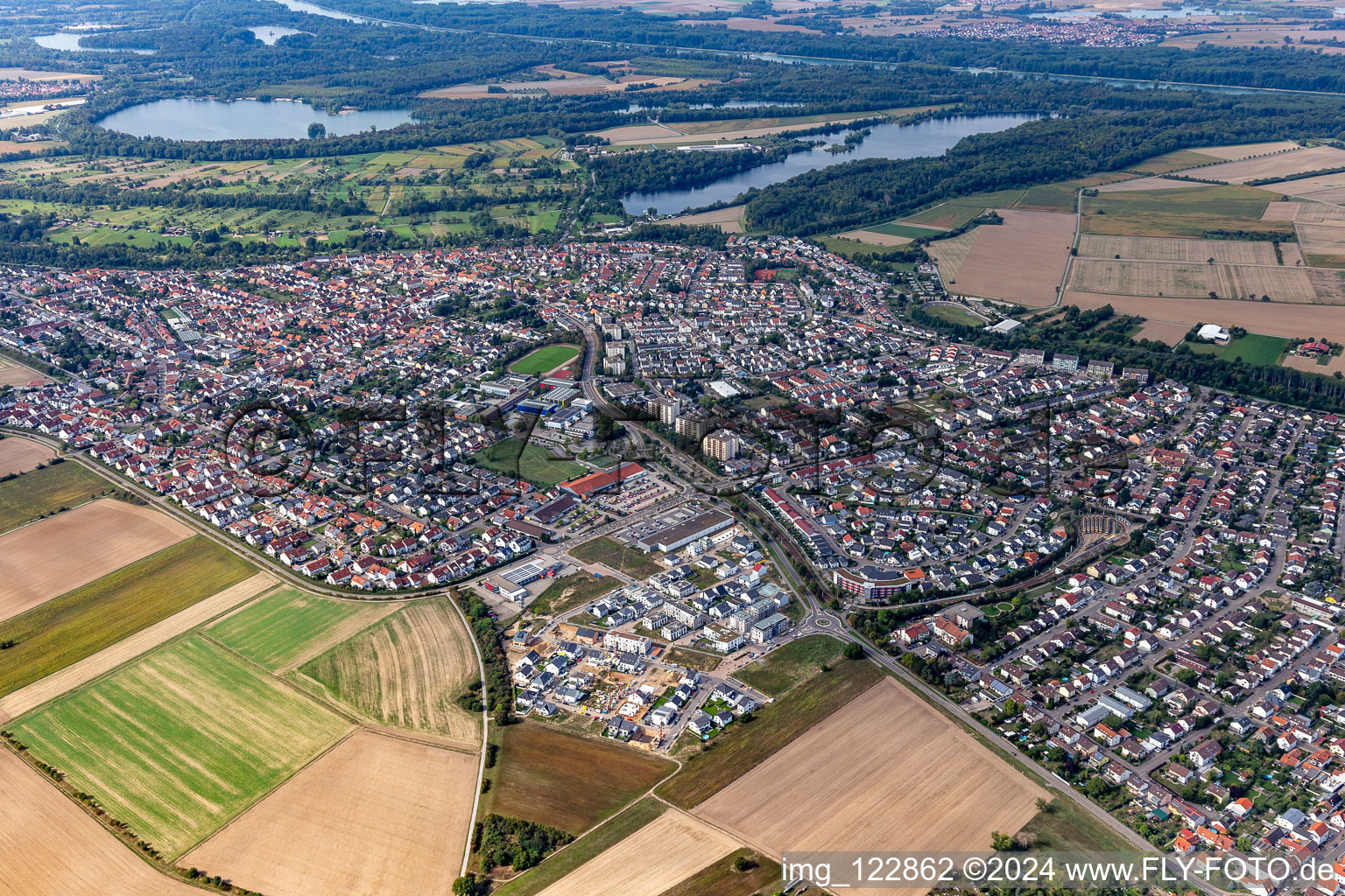 Bird's eye view of District Hochstetten in Linkenheim-Hochstetten in the state Baden-Wuerttemberg, Germany