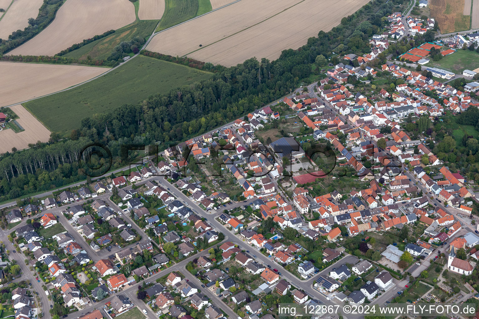 District Hochstetten in Linkenheim-Hochstetten in the state Baden-Wuerttemberg, Germany viewn from the air