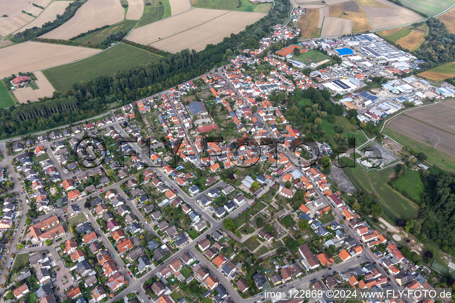 Drone recording of District Hochstetten in Linkenheim-Hochstetten in the state Baden-Wuerttemberg, Germany