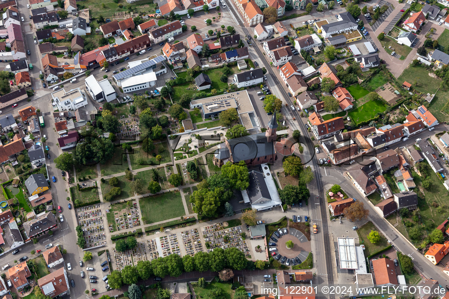 Aerial view of Protestant Church Linkenheim in the district Linkenheim in Linkenheim-Hochstetten in the state Baden-Wuerttemberg, Germany