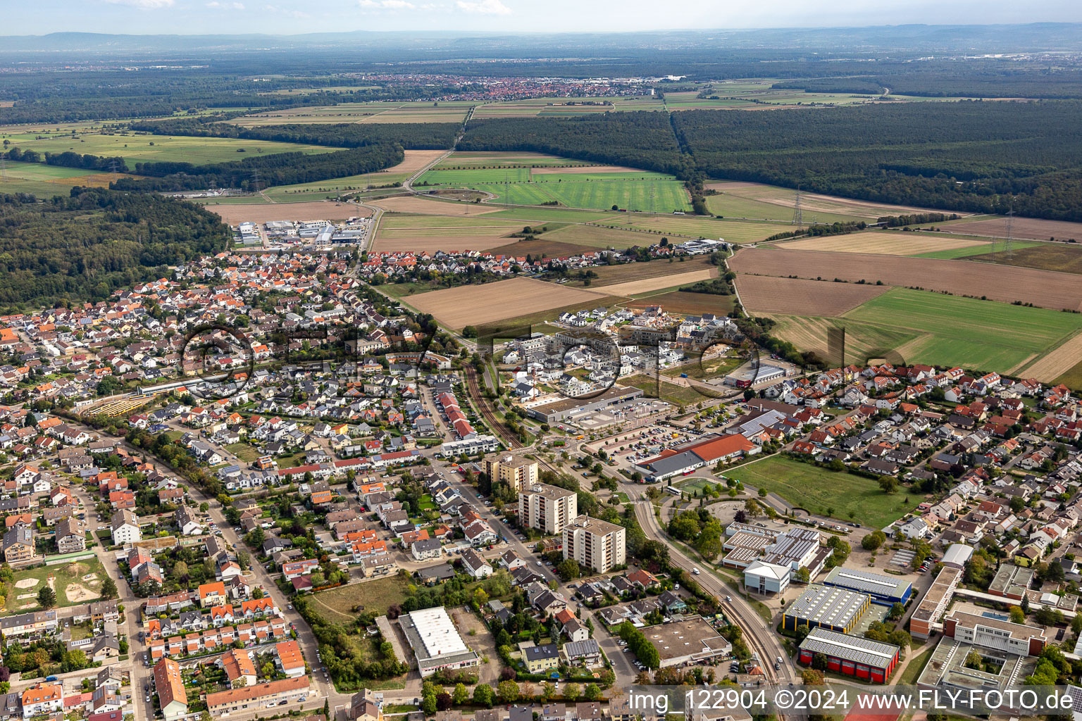 District Linkenheim in Linkenheim-Hochstetten in the state Baden-Wuerttemberg, Germany from the plane