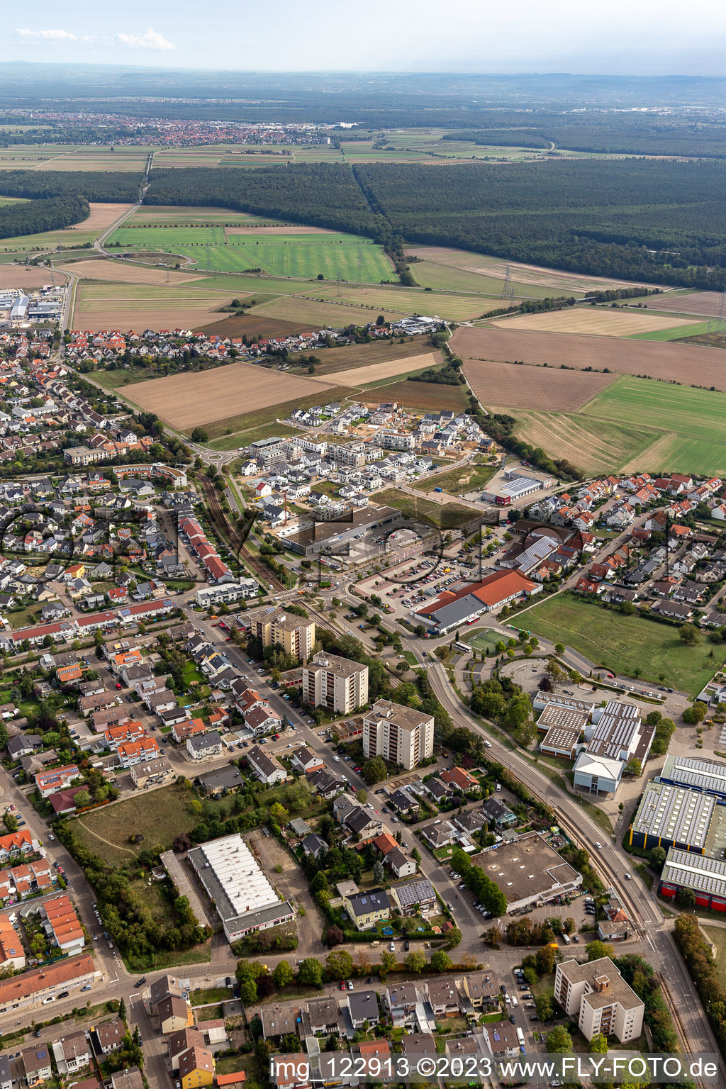 District Linkenheim in Linkenheim-Hochstetten in the state Baden-Wuerttemberg, Germany viewn from the air