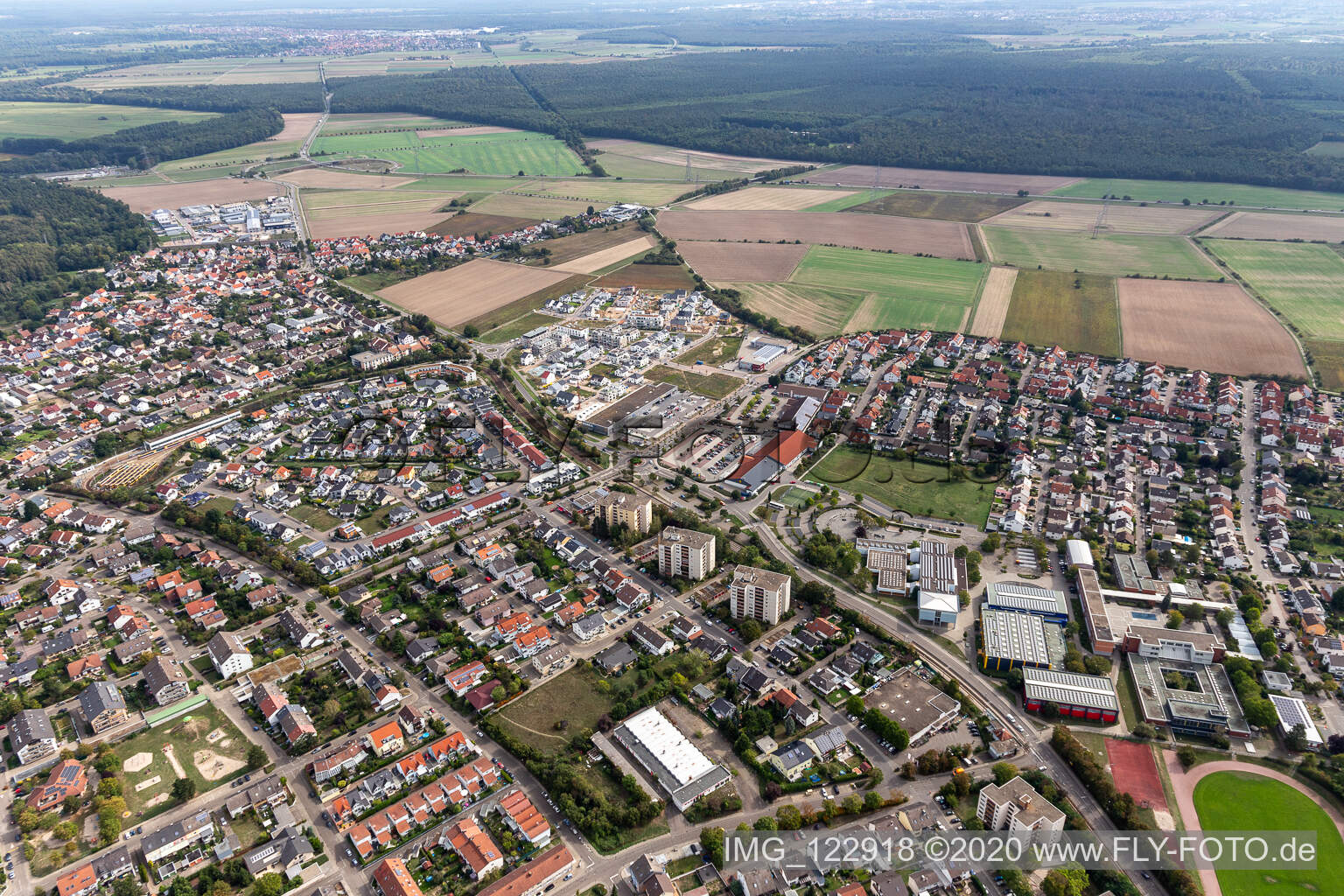 Drone recording of District Linkenheim in Linkenheim-Hochstetten in the state Baden-Wuerttemberg, Germany
