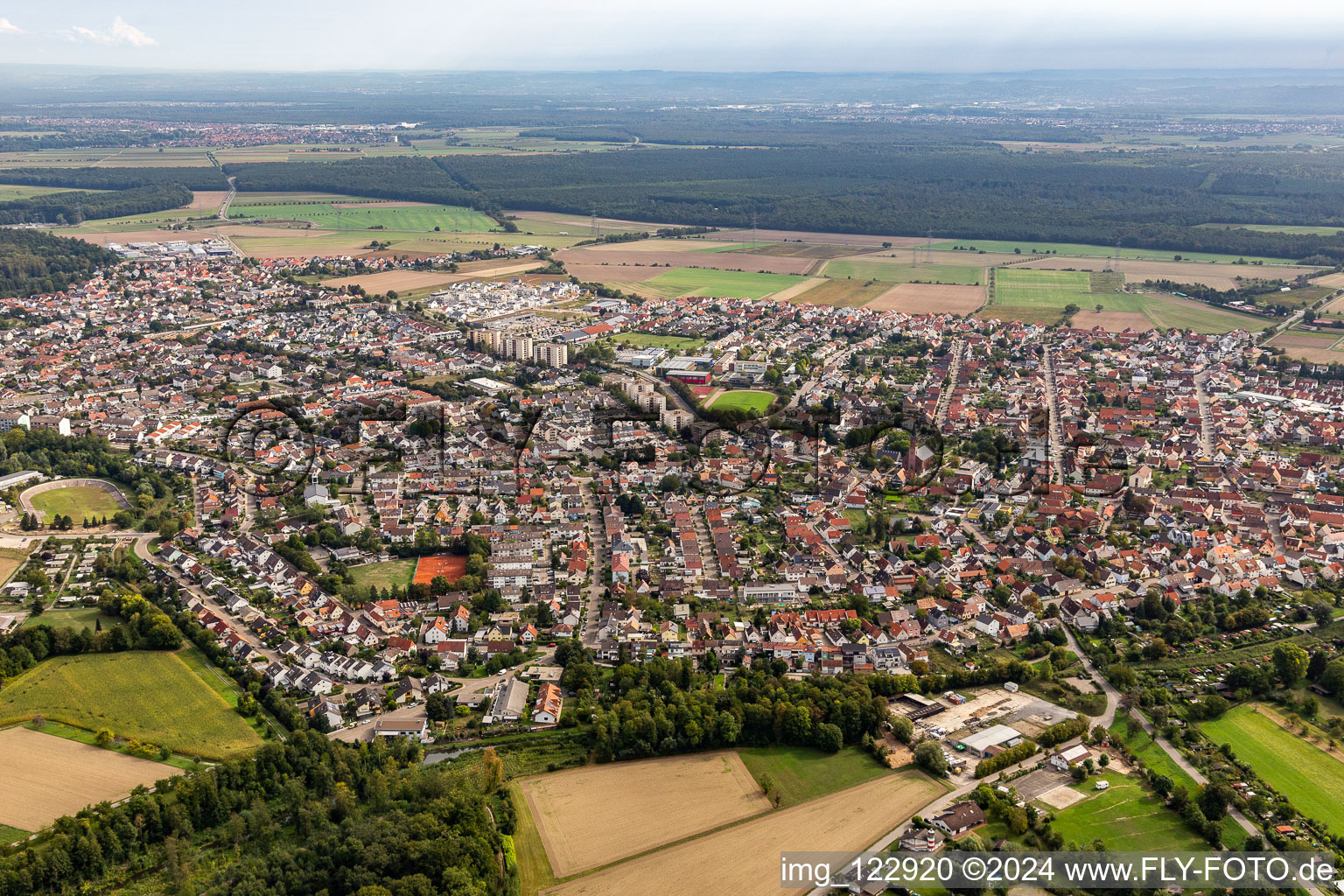 Drone image of District Linkenheim in Linkenheim-Hochstetten in the state Baden-Wuerttemberg, Germany