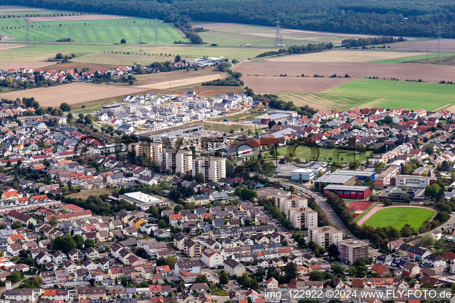 District Linkenheim in Linkenheim-Hochstetten in the state Baden-Wuerttemberg, Germany from the drone perspective