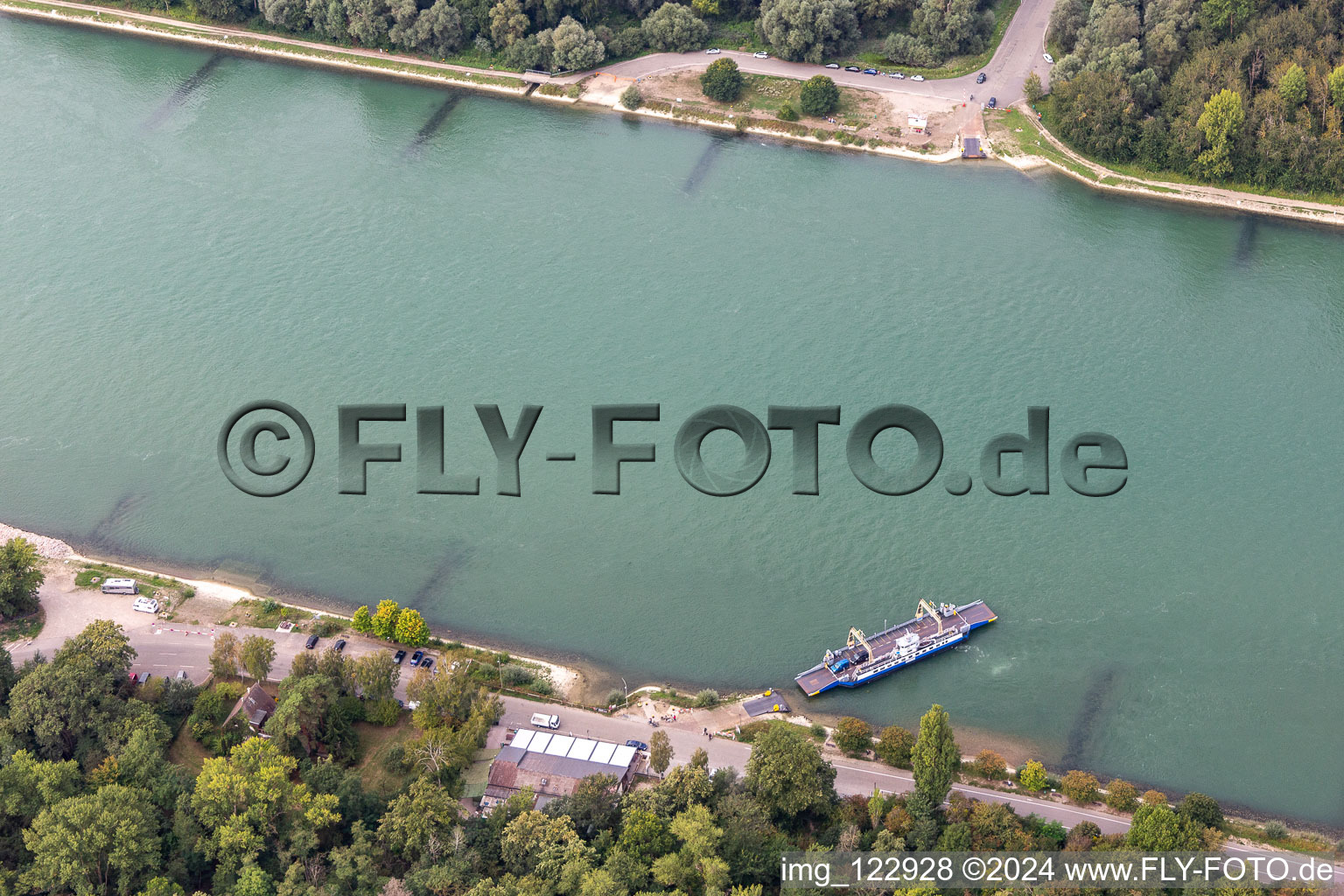 Aerial view of Rhine ferry Leimersheim-Leopoldshafen in the district Leopoldshafen in Eggenstein-Leopoldshafen in the state Baden-Wuerttemberg, Germany