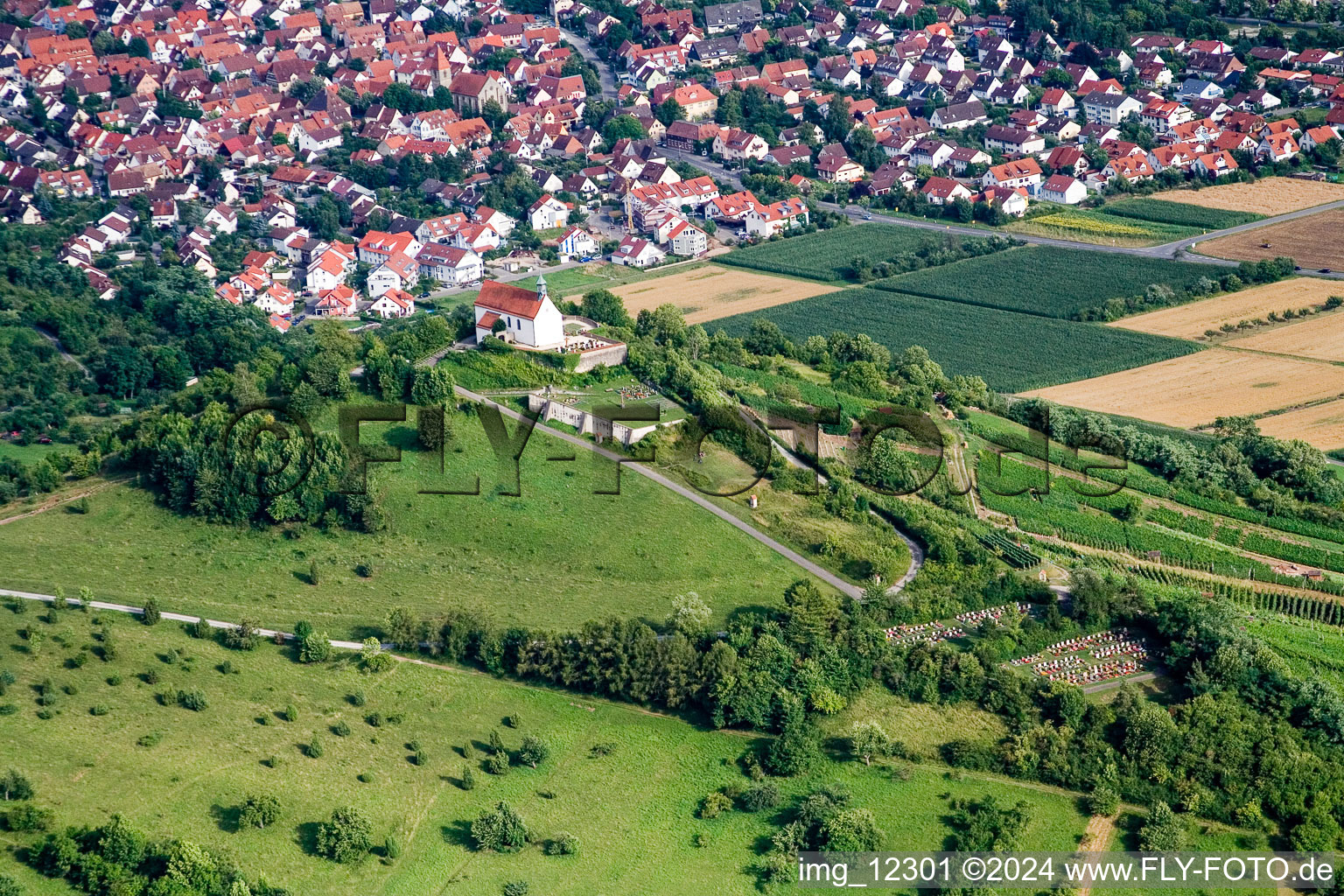 Aerial view of Wurmlinger Chapel from the west in the district Wurmlingen in Rottenburg am Neckar in the state Baden-Wuerttemberg, Germany