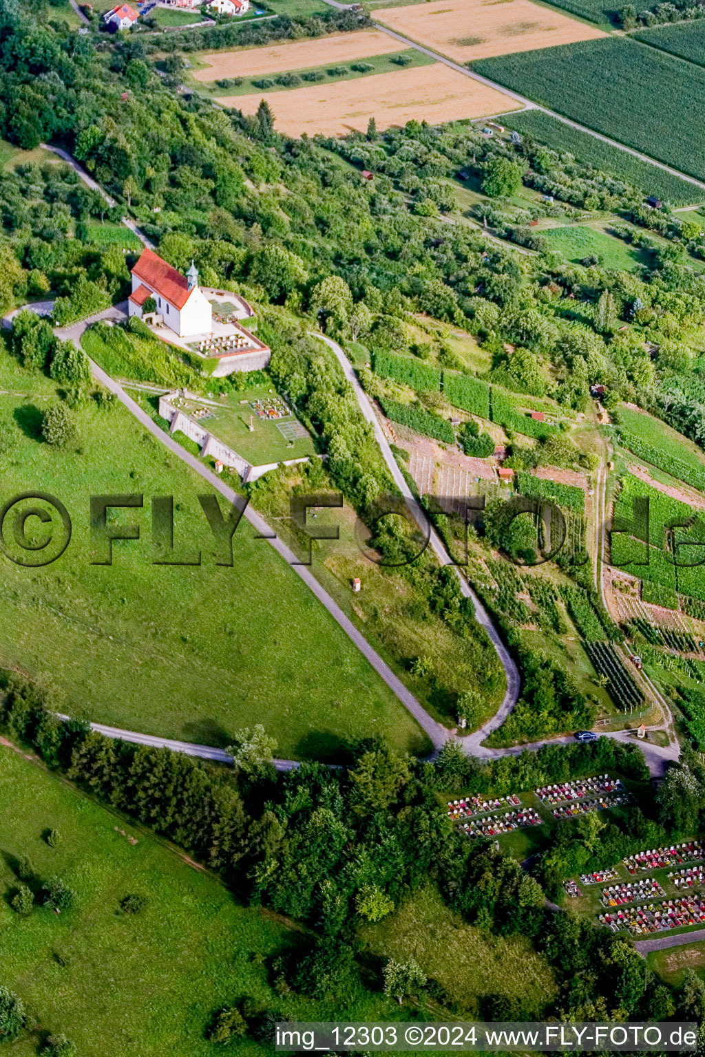 Aerial view of Churches building the chapel Wurmlinger Kapelle - St. Remigius Kapelle in Tuebingen in the state Baden-Wurttemberg, Germany