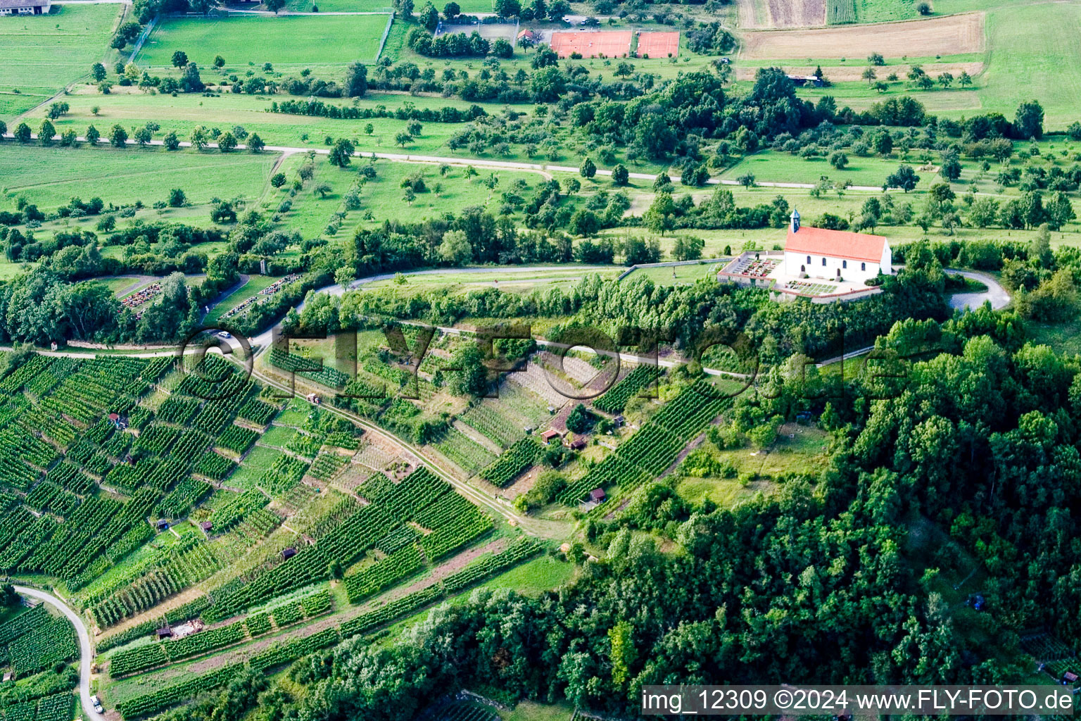 Churches building the chapel Wurmlinger Kapelle - St. Remigius Kapelle in the district Rottenburg am Neckar in Tuebingen in the state Baden-Wurttemberg from above