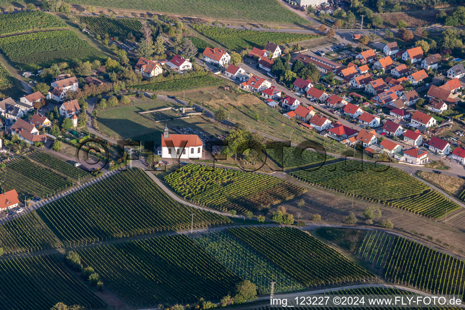 Aerial view of St. Dionysius Chapel in the district Gleiszellen in Gleiszellen-Gleishorbach in the state Rhineland-Palatinate, Germany