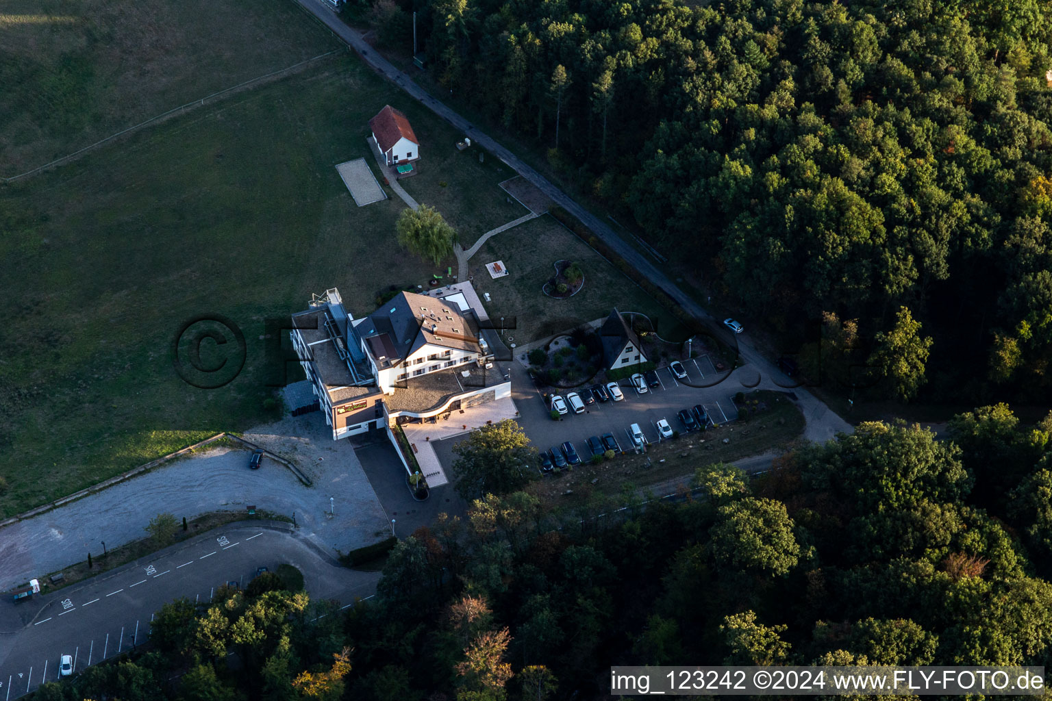 Aerial view of Restaurant Le Cleebourg in Rott in the state Bas-Rhin, France