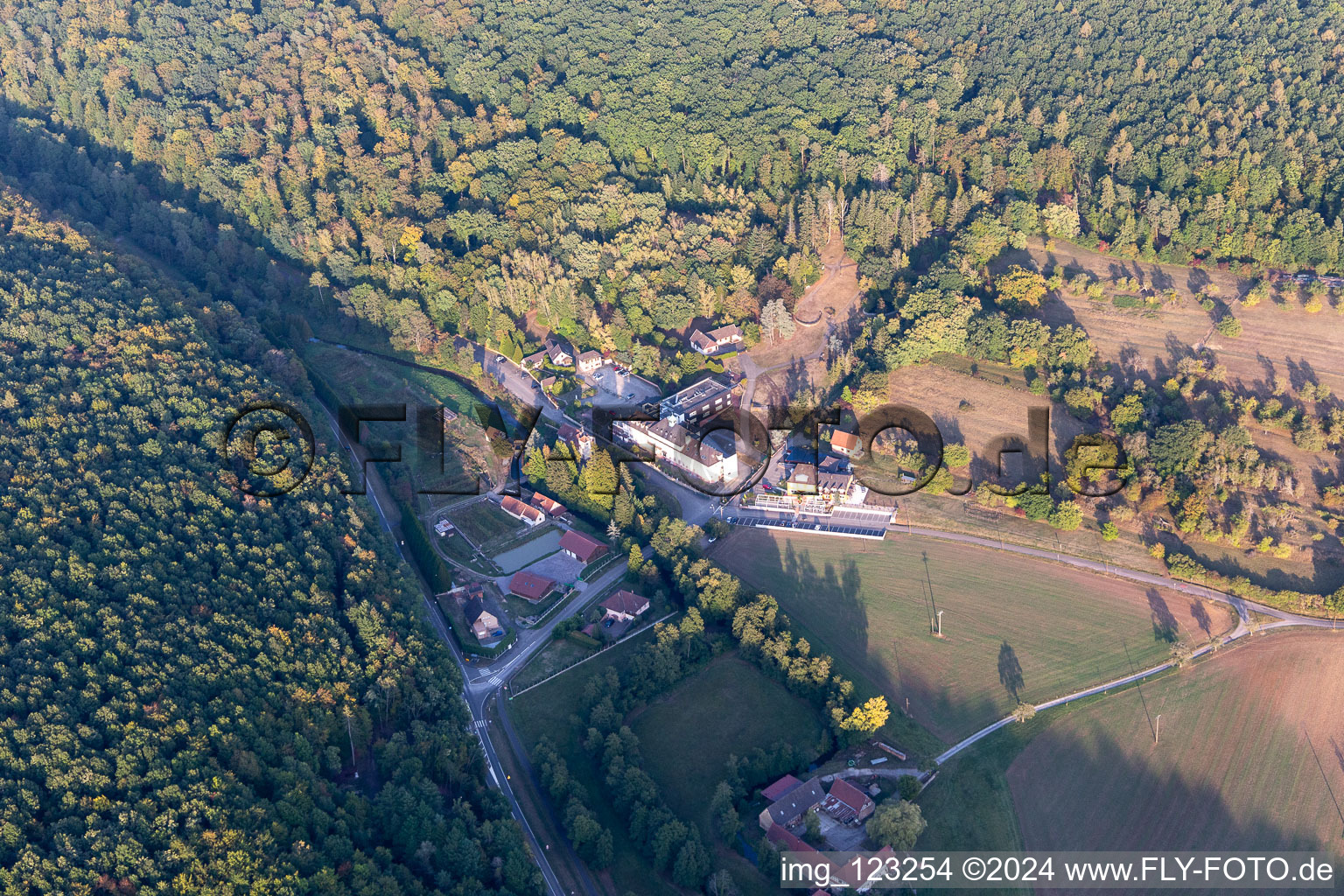 Aerial view of Liebfrauenthal, Hotel Restaurant Traiteur Le Palais Gourmand in Gœrsdorf in the state Bas-Rhin, France