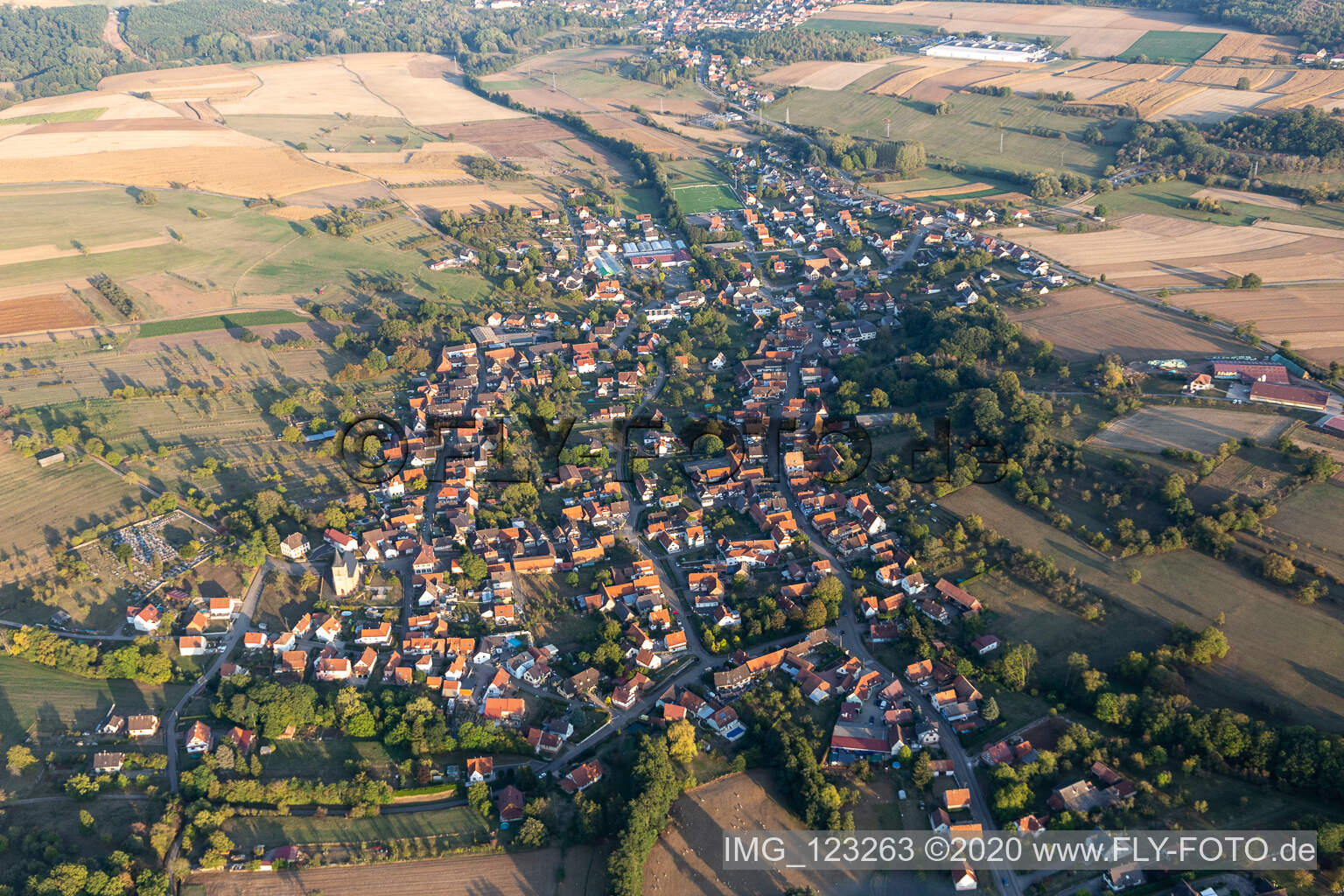 Preuschdorf in the state Bas-Rhin, France from above