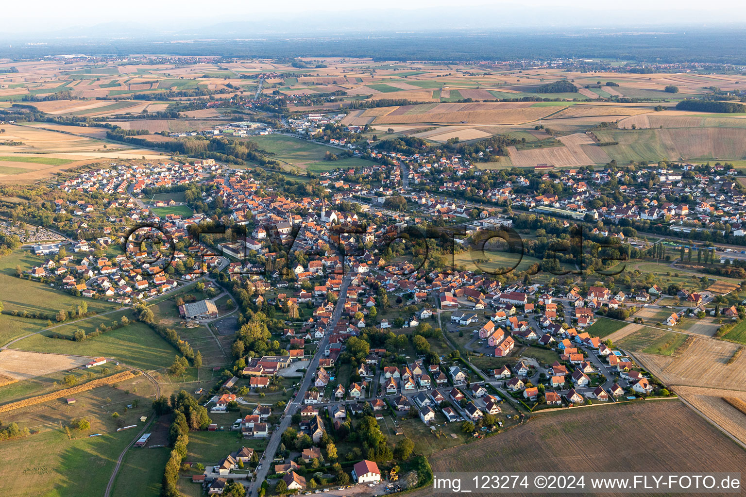 Town View of the streets and houses of the residential areas in Soultz-sous-Forets in Grand Est, France from above