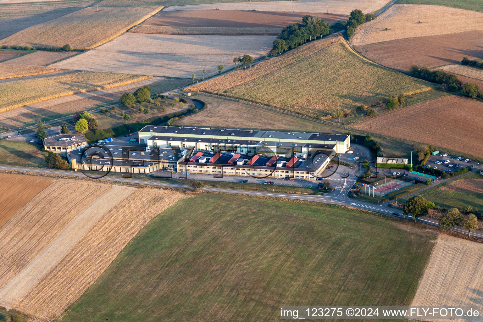 Aerial view of Building and production halls on the premises of Gunther Tools in Soultz-sous-Forets in Grand Est, France