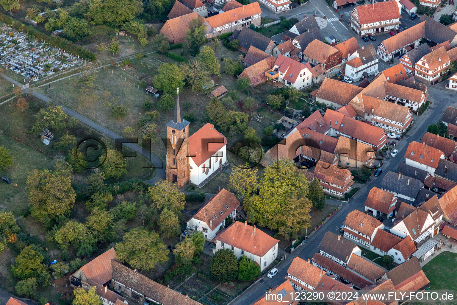 Aerial view of Protestant Church in Hunspach in the state Bas-Rhin, France