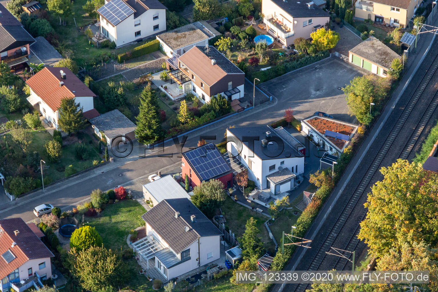 Bird's eye view of Germersheimer Street, Kandeler Street in Jockgrim in the state Rhineland-Palatinate, Germany