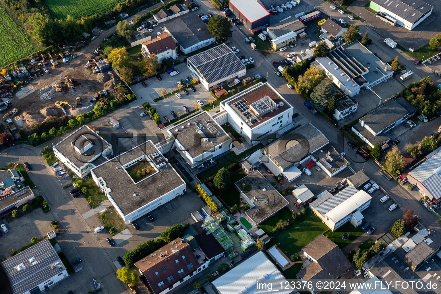 Oblique view of Church Data Center Foundation for Southwest Germany in the district Eggenstein in Eggenstein-Leopoldshafen in the state Baden-Wuerttemberg, Germany