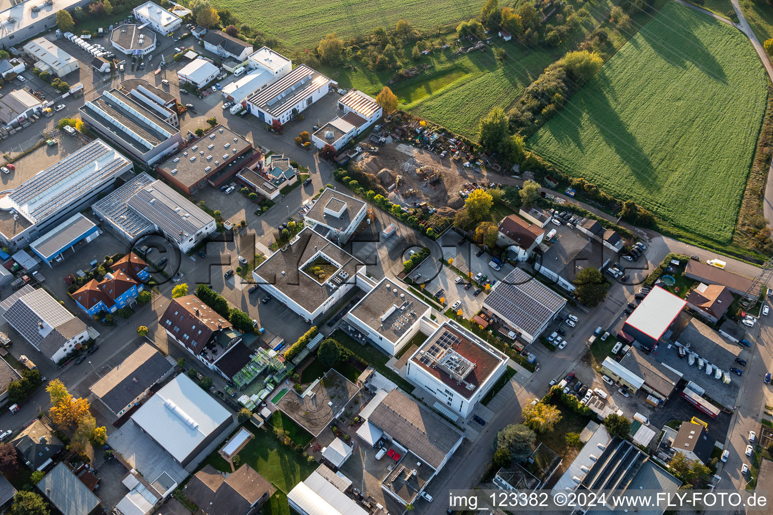 Foundation Church Data Center Southwest Germany in the district Eggenstein in Eggenstein-Leopoldshafen in the state Baden-Wuerttemberg, Germany from the plane