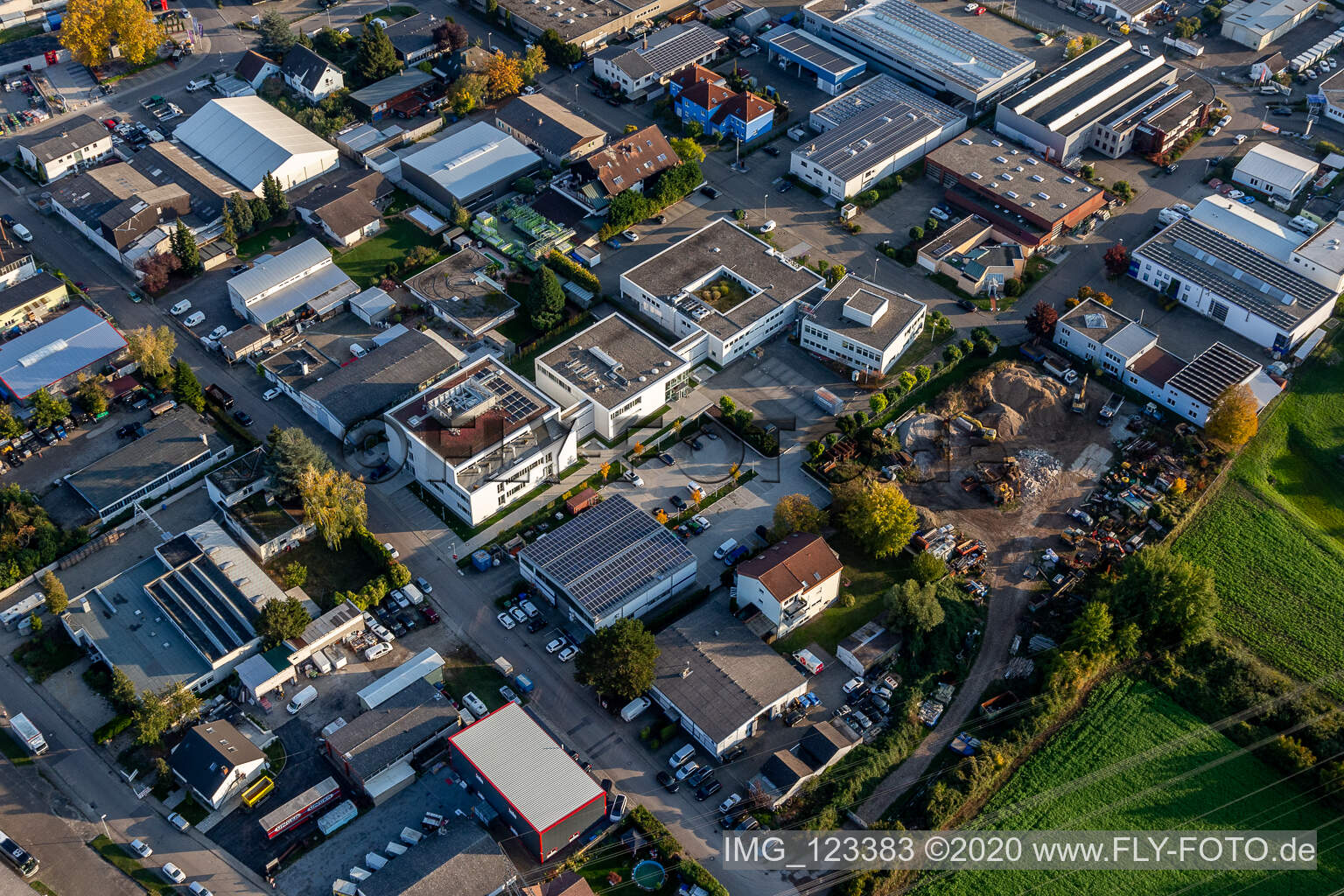 Aerial view of Data center building and online data processing hub " Stiftung Kirchliches Rechenzentrum Suedwestdeutschland " in Eggenstein in the state Baden-Wuerttemberg, Germany