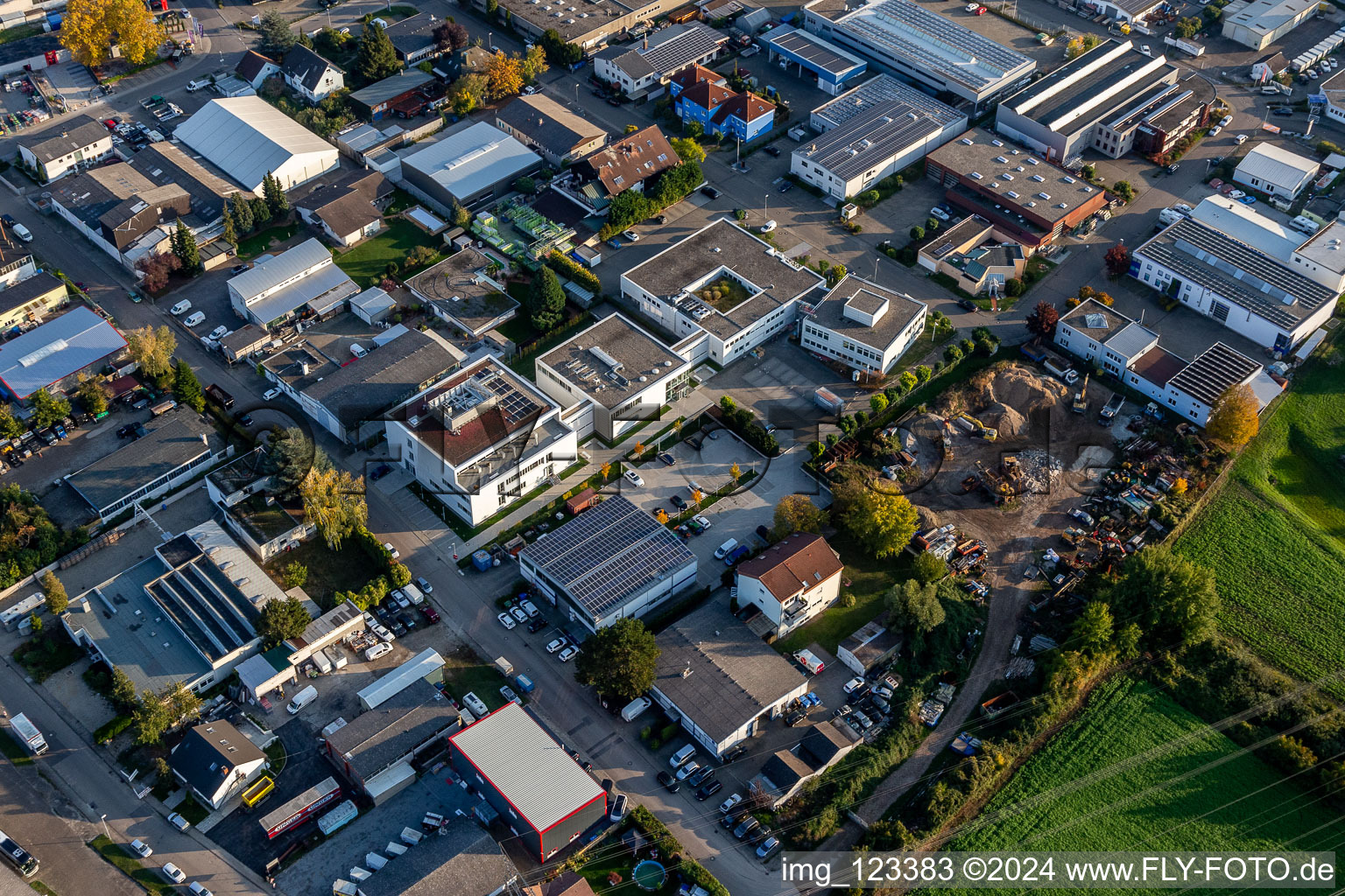 Aerial view of Data center building and online data processing hub " Stiftung Kirchliches Rechenzentrum Suedwestdeutschland " in Eggenstein in the state Baden-Wuerttemberg, Germany