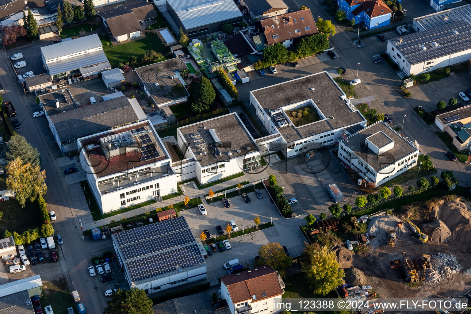 Aerial photograpy of Data center building and online data processing hub " Stiftung Kirchliches Rechenzentrum Suedwestdeutschland " in Eggenstein in the state Baden-Wuerttemberg, Germany