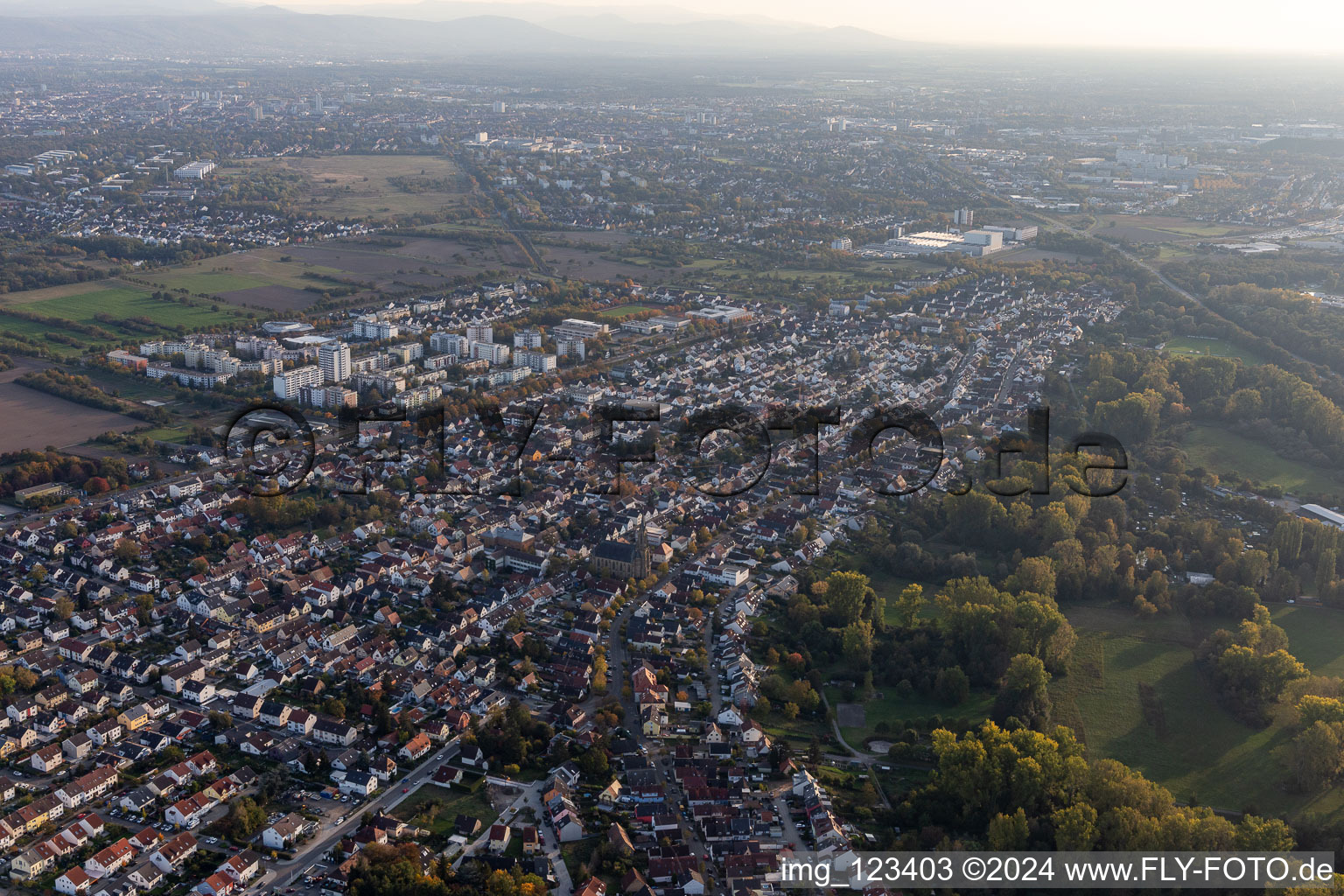 Aerial photograpy of District Neureut in Karlsruhe in the state Baden-Wuerttemberg, Germany