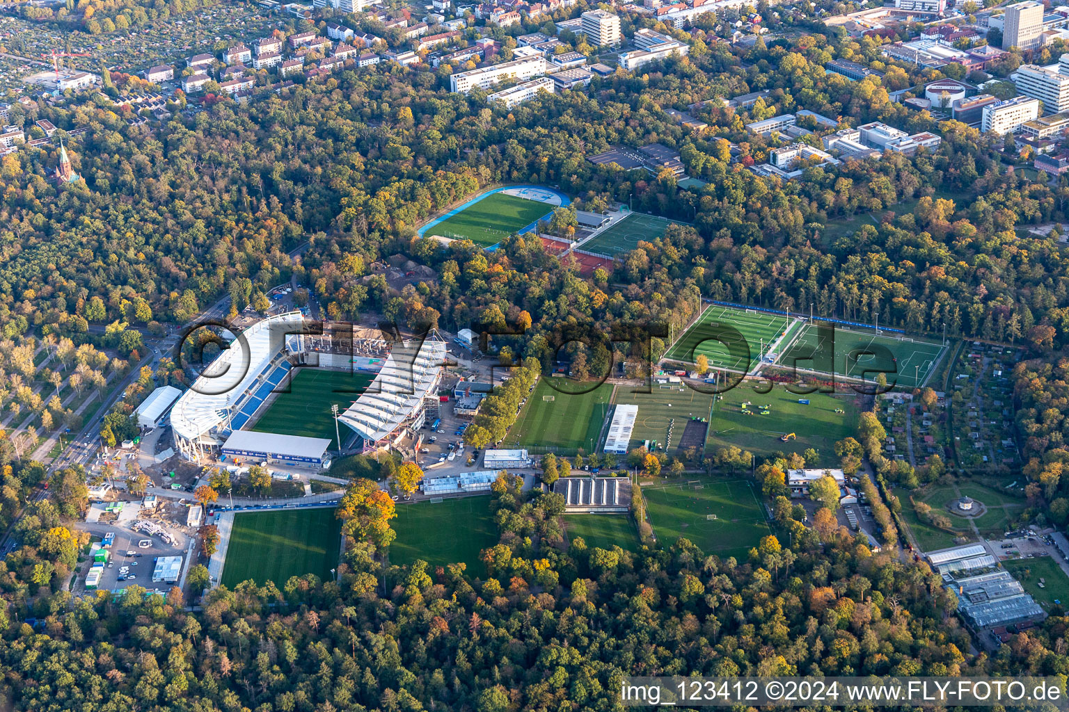 Aerial view of Construction site for the new construction of the KSC wildlife park stadium in the district Innenstadt-Ost in Karlsruhe in the state Baden-Wuerttemberg, Germany