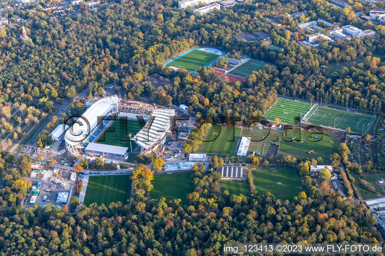 Aerial photograpy of Construction site for the new construction of the KSC wildlife park stadium in the district Innenstadt-Ost in Karlsruhe in the state Baden-Wuerttemberg, Germany