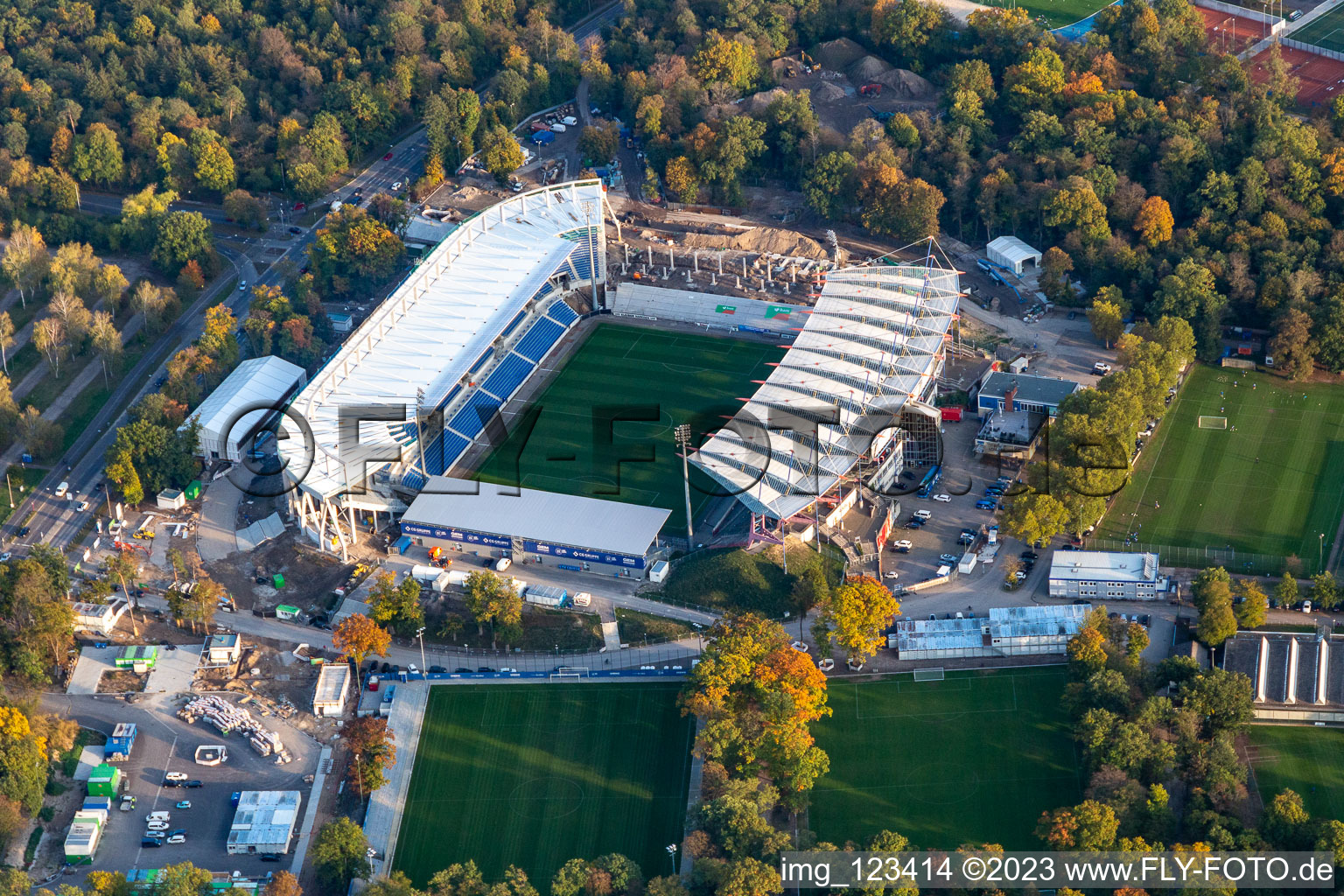 Extension and conversion site on the sports ground of the stadium " Wildparkstadion " in Karlsruhe in the state Baden-Wurttemberg, Germany out of the air