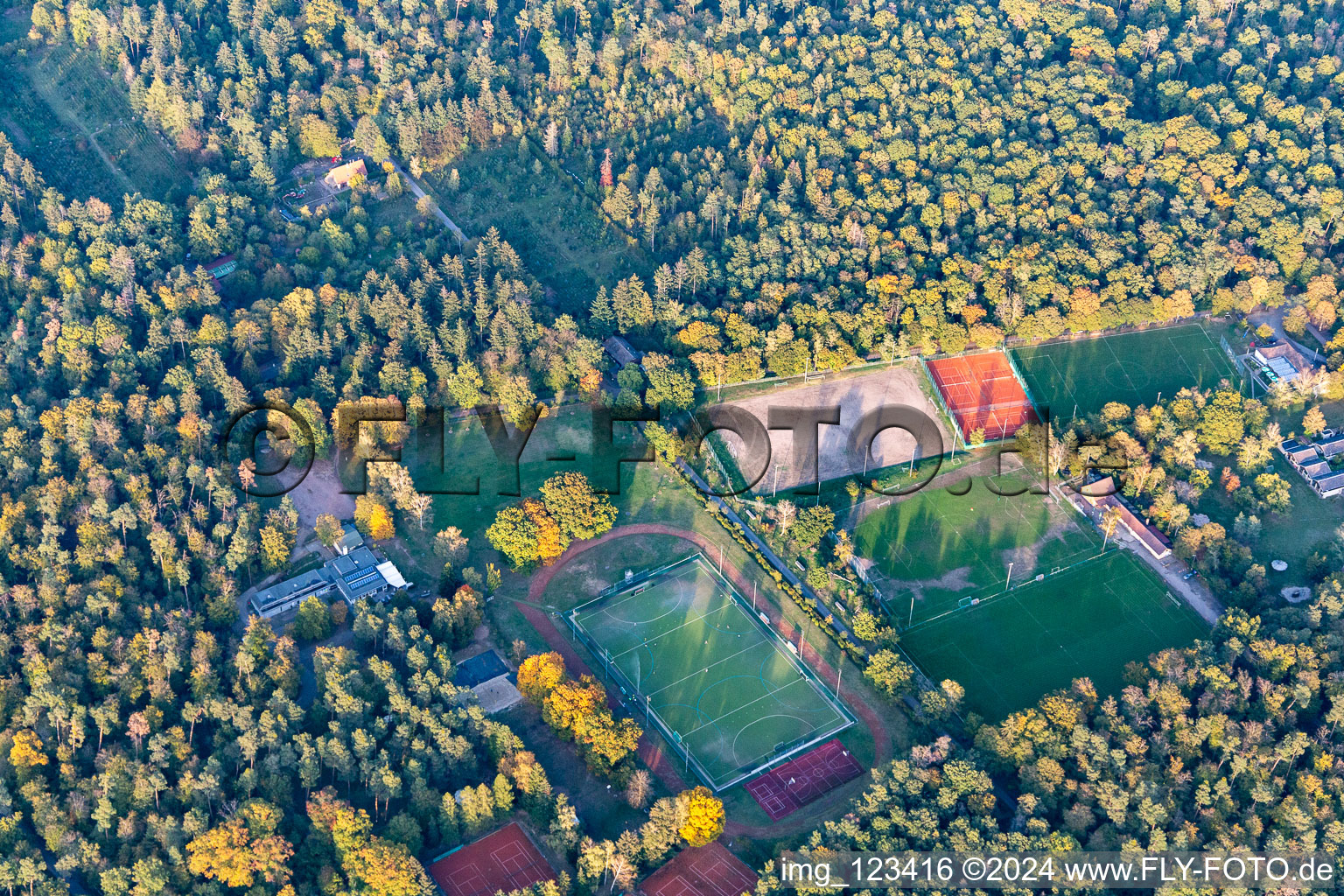 Sports fields in the Hardtwald of the Karlsruher Turnverein 1846, the DJK Karlsruhe Ost 1912 and the FC Fackel Karlsruhe eV in the district Oststadt in Karlsruhe in the state Baden-Wuerttemberg, Germany