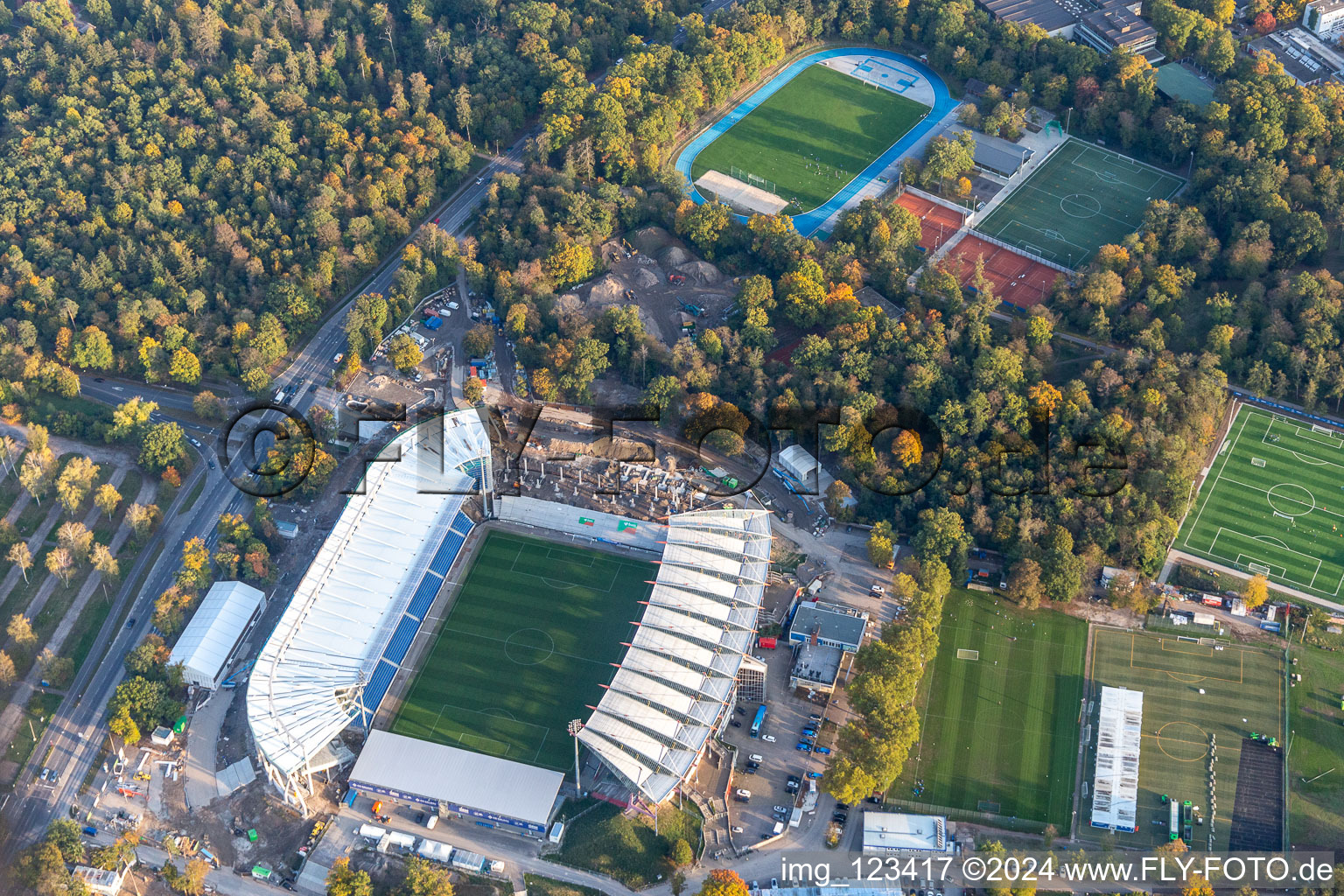 Oblique view of Construction site for the new Wildparkstadion of the KSC in the district Innenstadt-Ost in Karlsruhe in the state Baden-Wuerttemberg, Germany