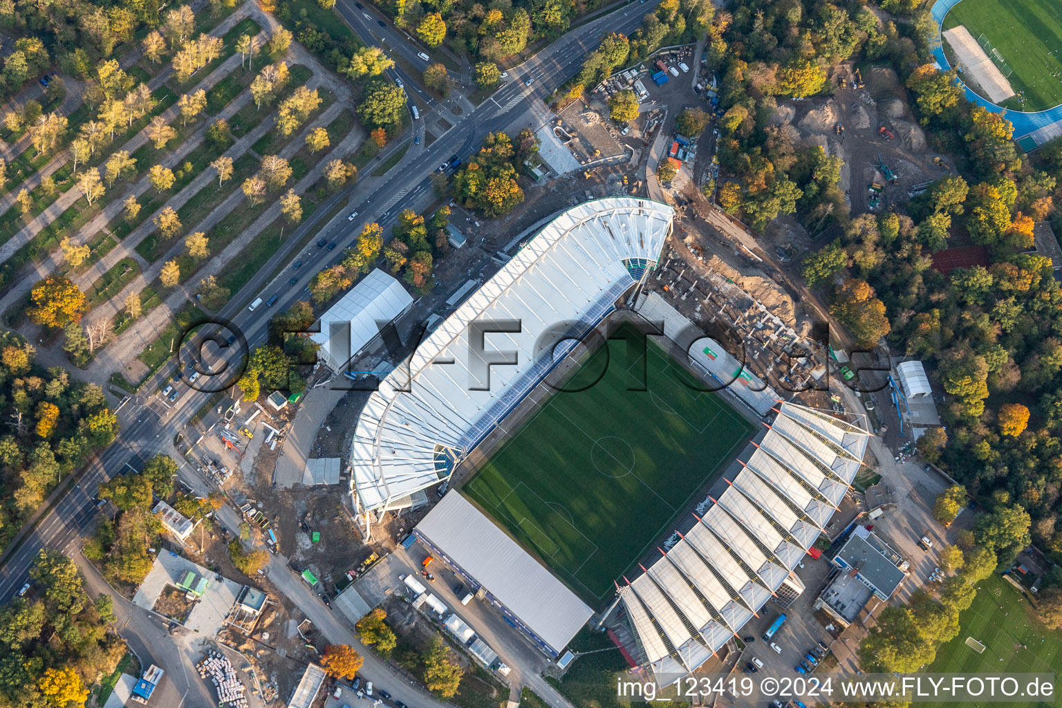 Extension and conversion site on the sports ground of the stadium " Wildparkstadion " in Karlsruhe in the state Baden-Wurttemberg, Germany seen from above