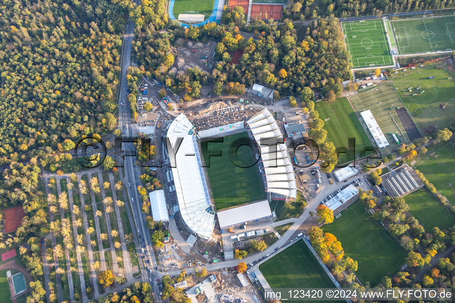 Extension and conversion site on the sports ground of the stadium " Wildparkstadion " in Karlsruhe in the state Baden-Wurttemberg, Germany from the plane