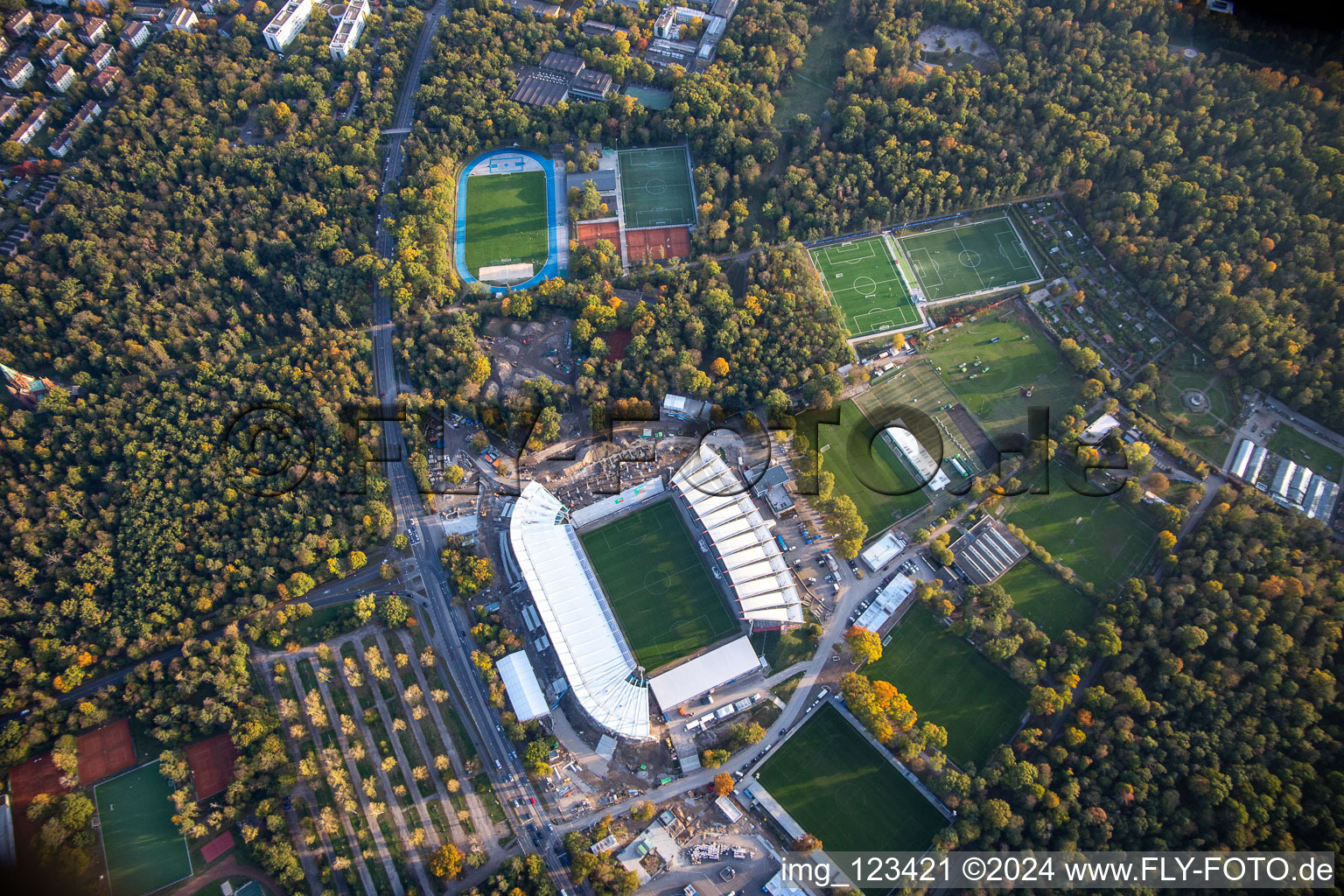 Bird's eye view of Extension and conversion site on the sports ground of the stadium " Wildparkstadion " in Karlsruhe in the state Baden-Wurttemberg, Germany