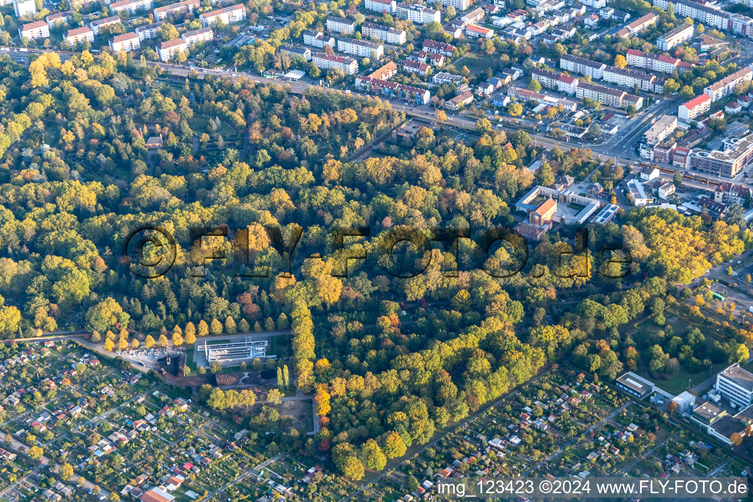 Aerial view of Main Cemetery in the district Oststadt in Karlsruhe in the state Baden-Wuerttemberg, Germany