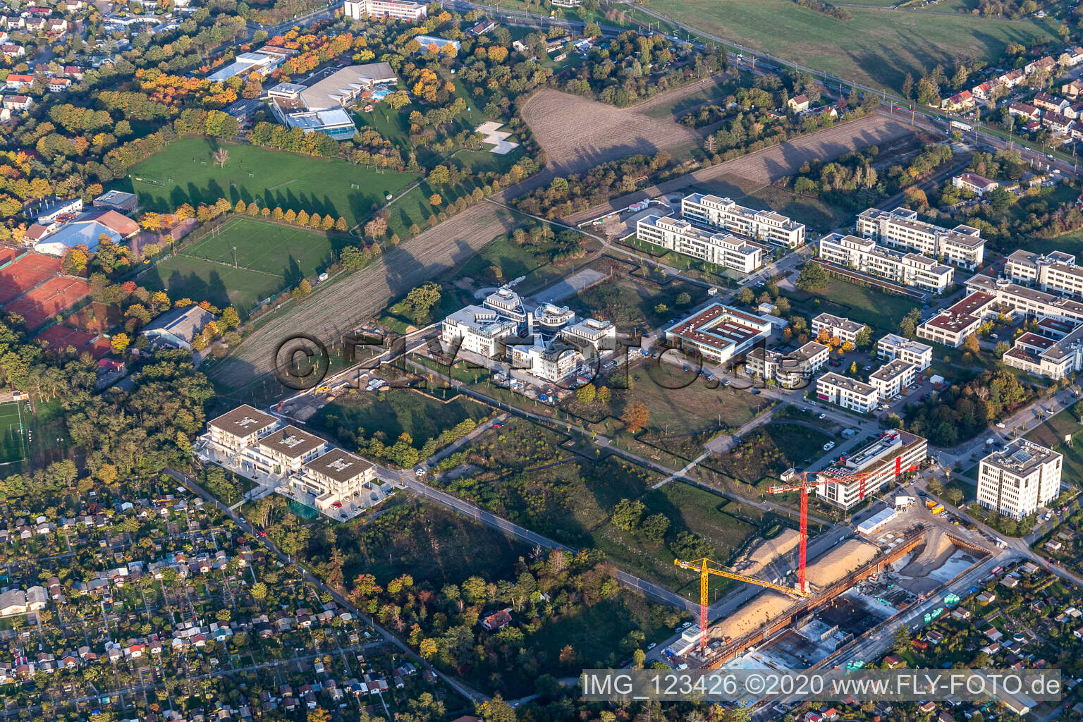 Aerial view of LTC - Linder Technology Campus with Weum GmbH, Systec&Services and Systec&Solutions on Wilhelm-Schickard-Straße in the Technology Park Karlsruhe in the district Rintheim in Karlsruhe in the state Baden-Wuerttemberg, Germany