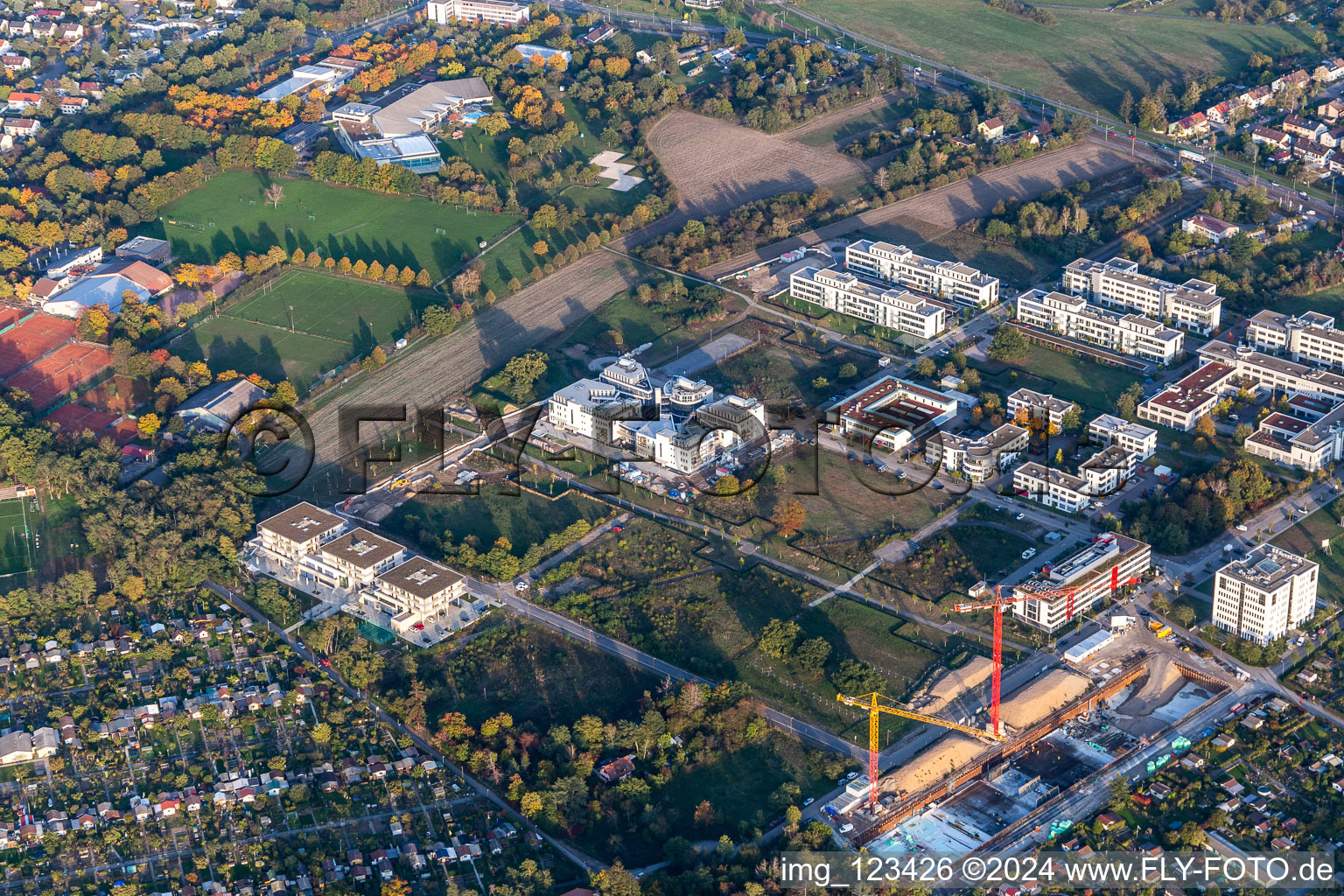 Aerial view of LTC - Linder Technology Campus with Weum GmbH, Systec&Services and Systec&Solutions in Wilhelm-Schickard-Straße in the Technology Park Karlsruhe in the district Rintheim in Karlsruhe in the state Baden-Wuerttemberg, Germany