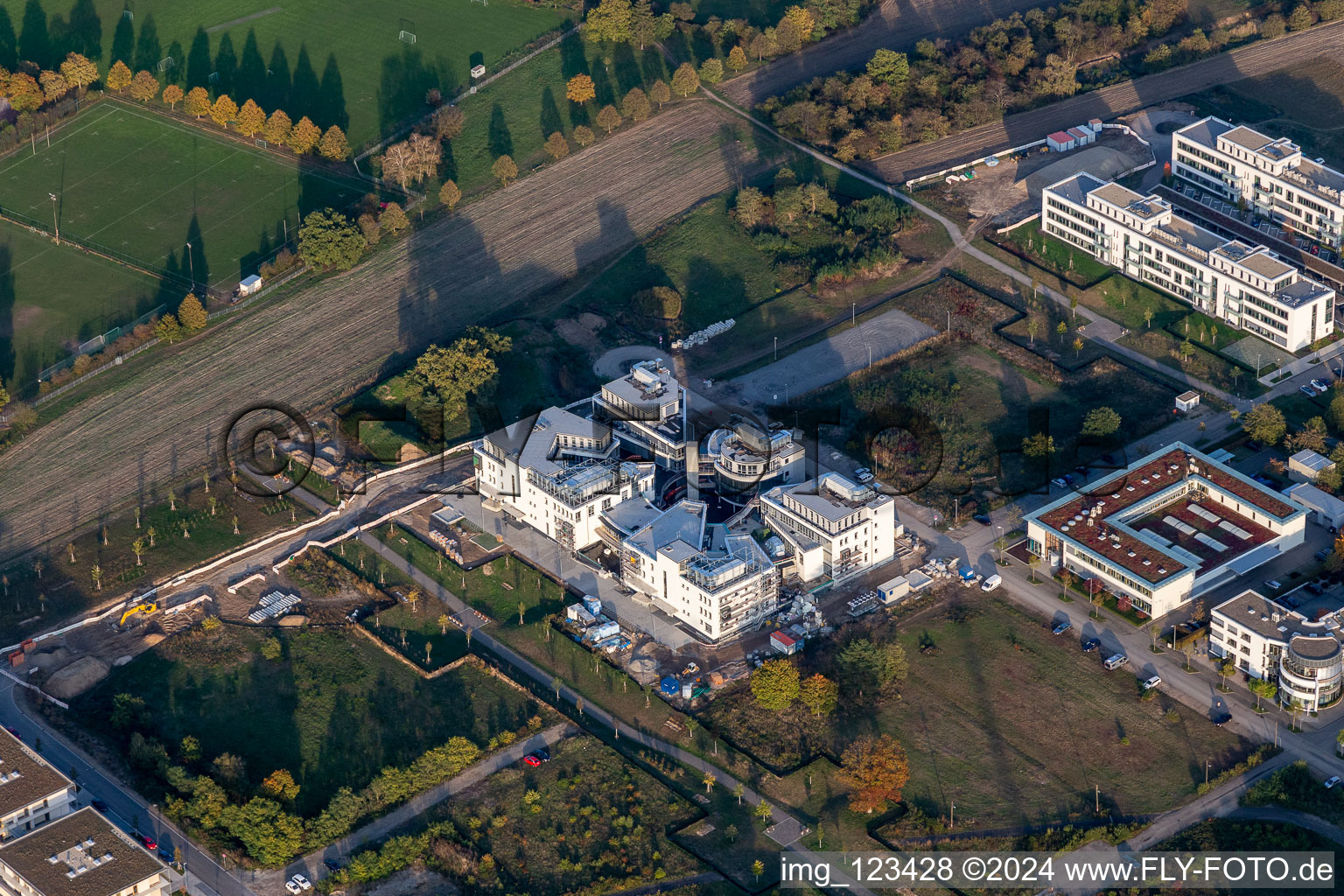 Construction site for the new building of a research building and office complex of the LTC - Linder Technologie Campus with Werum GmbH, Systec&Services sowie Systec&Solutions in Wilhelm-Schickard-Strasse in the technology-park Karlsruhe in Karlsruhe in the state Baden-Wuerttemberg, Germany