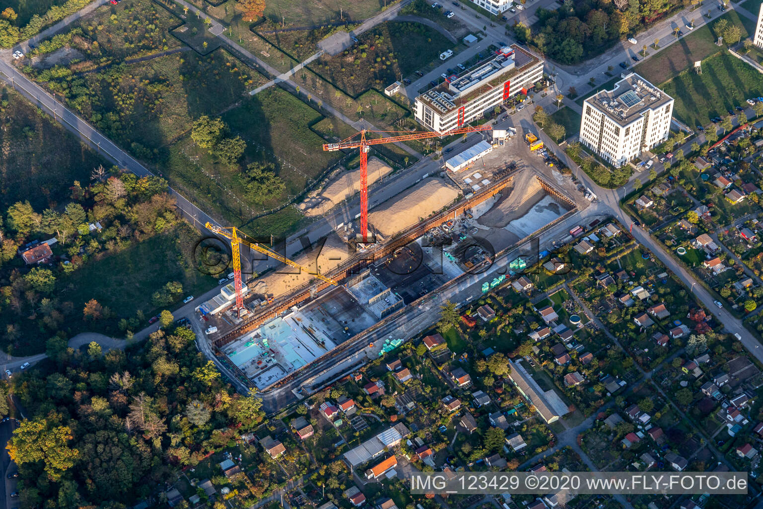 Aerial photograpy of Construction site in the technology park in the district Rintheim in Karlsruhe in the state Baden-Wuerttemberg, Germany