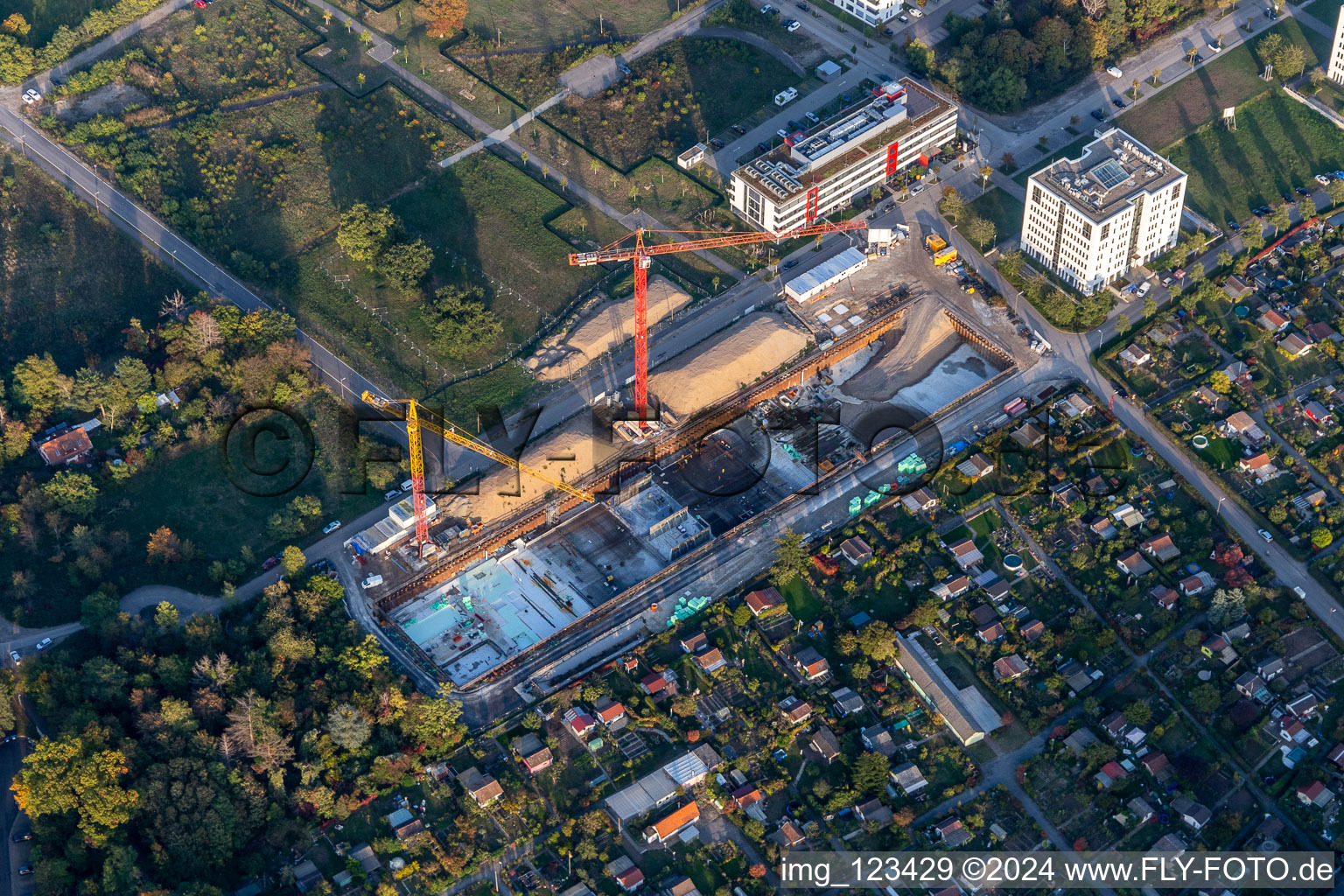 Aerial photograpy of Construction site in the technology park in the district Rintheim in Karlsruhe in the state Baden-Wuerttemberg, Germany